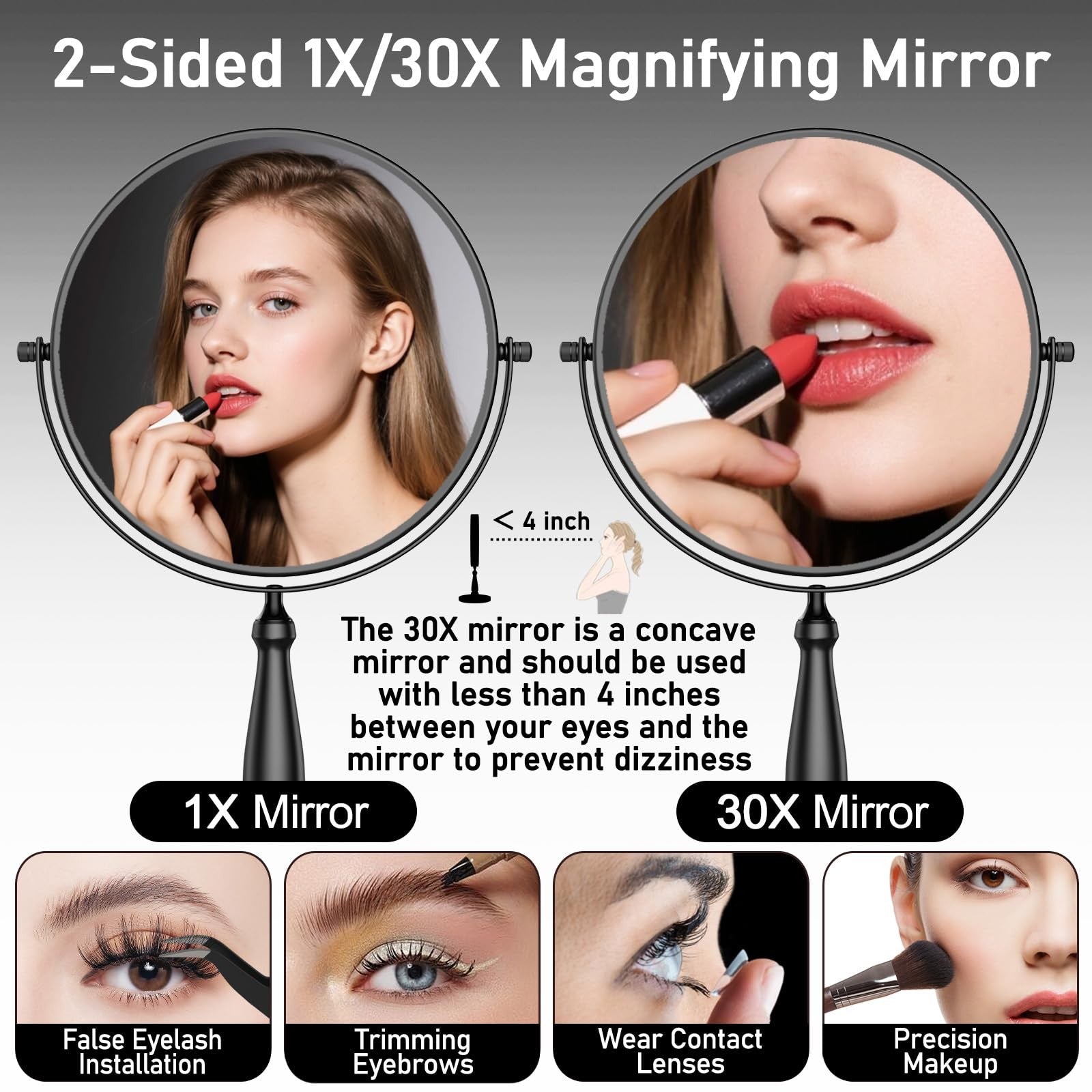 WOOCICA 30X magnifying vanity mirror with metal frame, tabletop makeup mirror for women, detailed reflection for precise makeup application