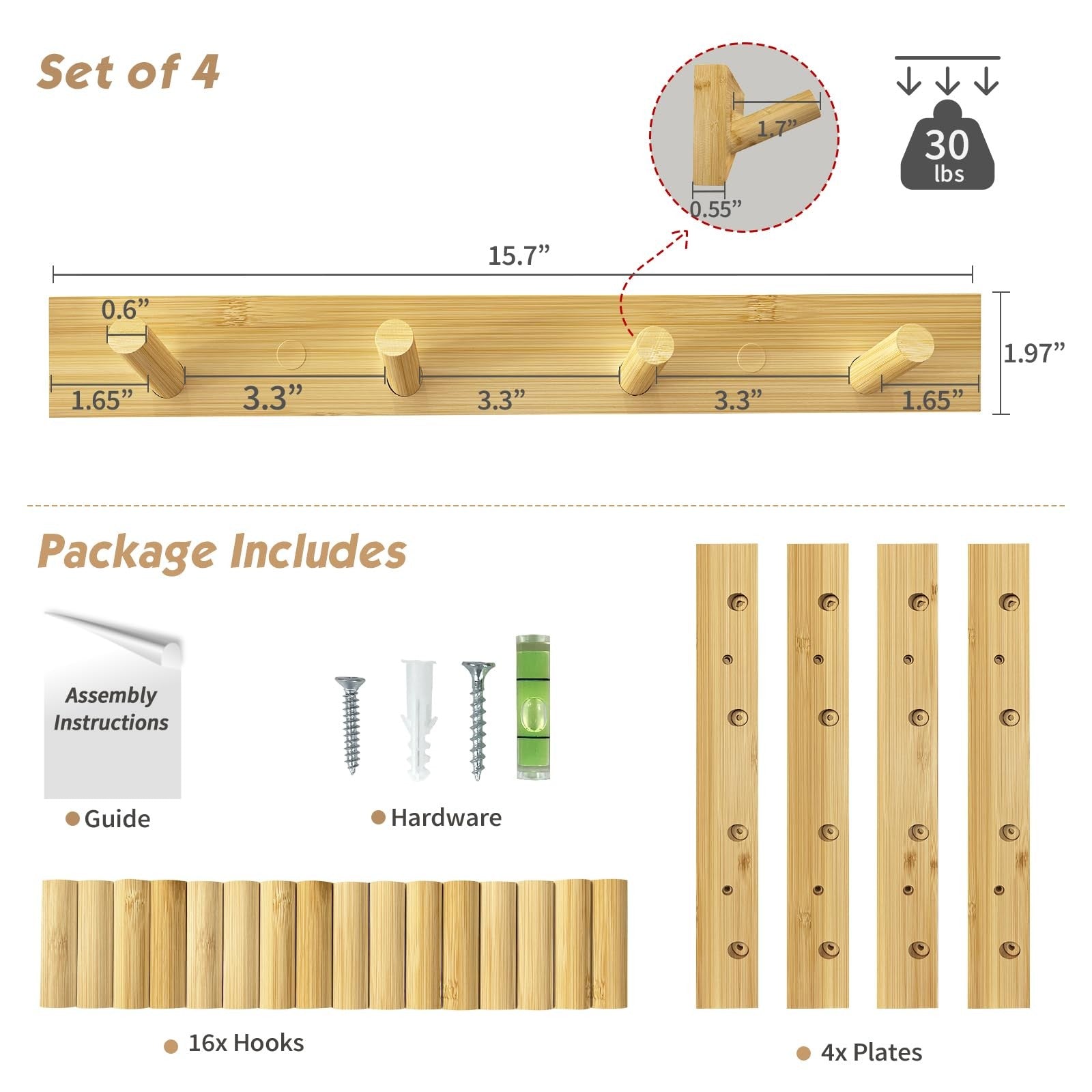 Set of four Forbena natural wood wall mount coat hooks, ideal for bathroom or entryway organization and decor.