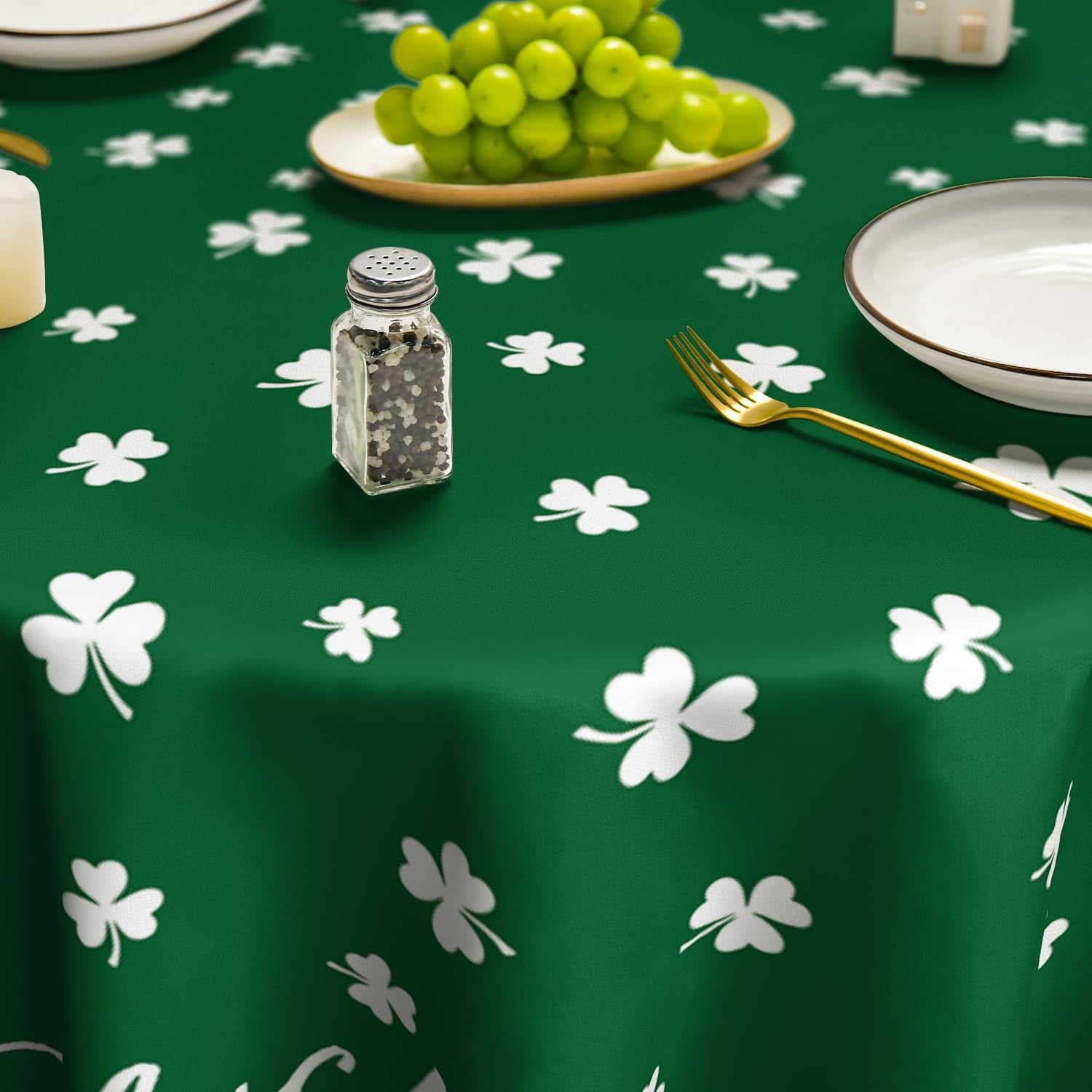 Horaldaily St. Patrick's Day round tablecloth with green Irish clover shamrock design, measuring 90x90 inches.