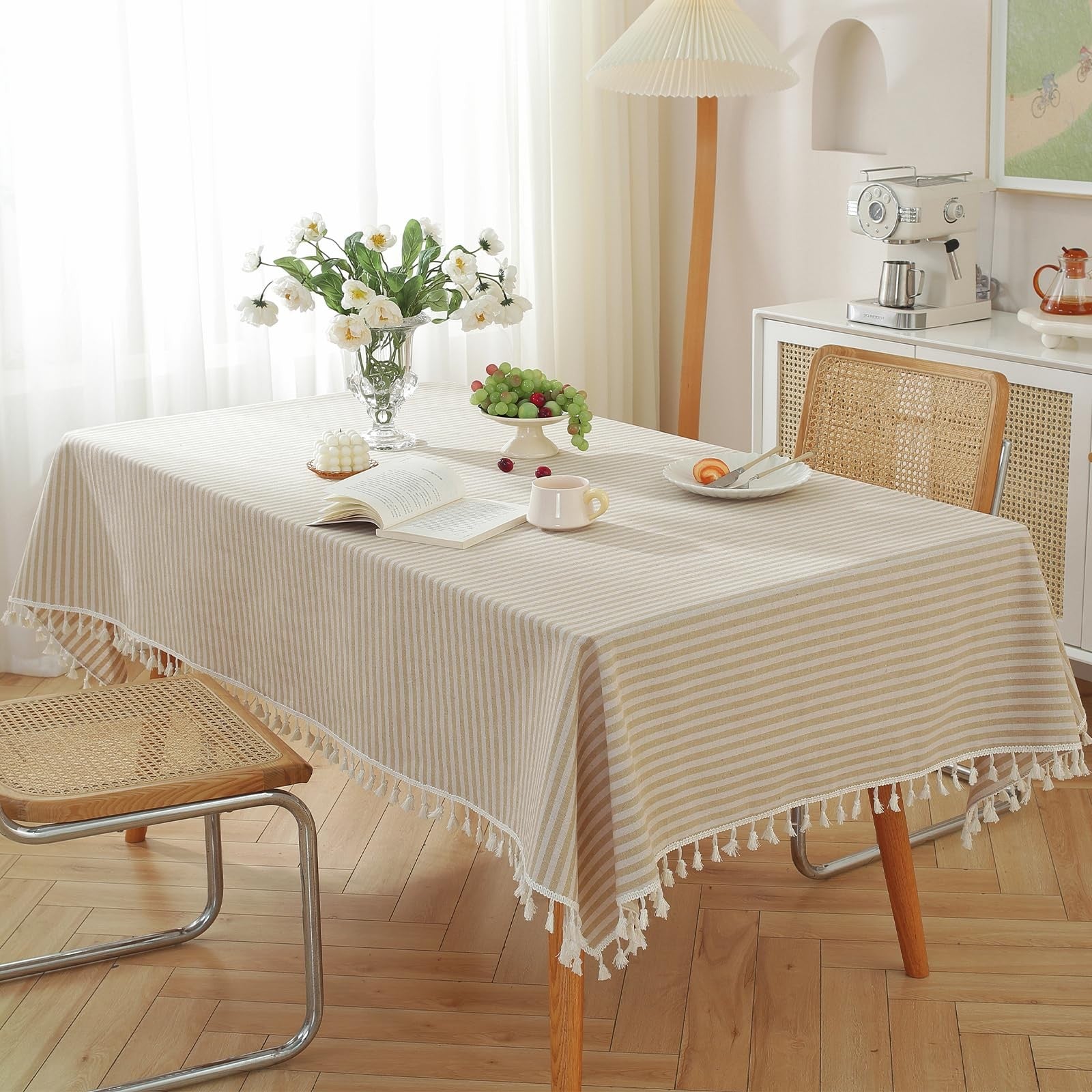 Beige striped cotton blend tablecloth with tassels, dust-proof, suitable for dining tables or home decor.