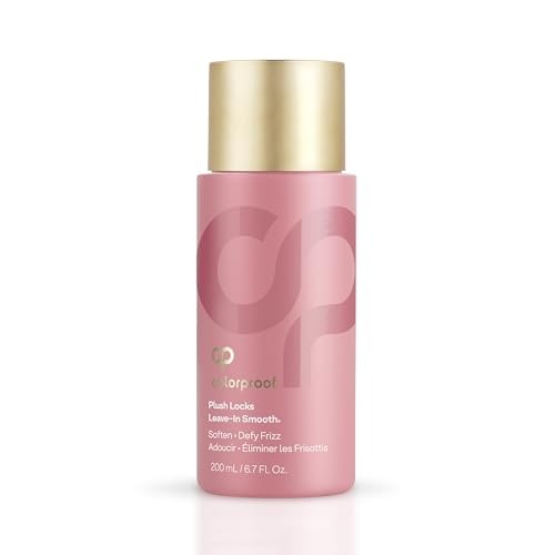 ColorProof Plush Locks Leave-in Smoothing Lotion for anti-frizz and hair protection, shown in a sleek bottle with smooth hair background.