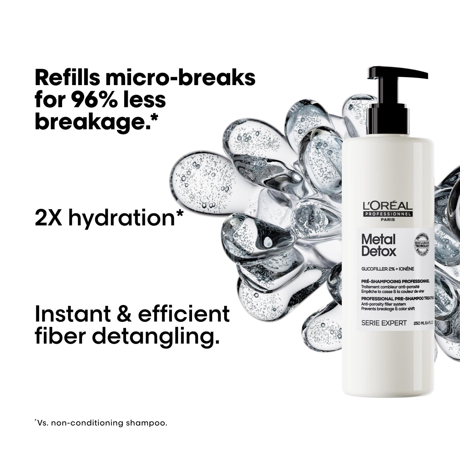 L'Oréal Professionnel Metal Detox Pre-Treatment bottle for strengthening and refilling hair, with silver cap and product label visible.