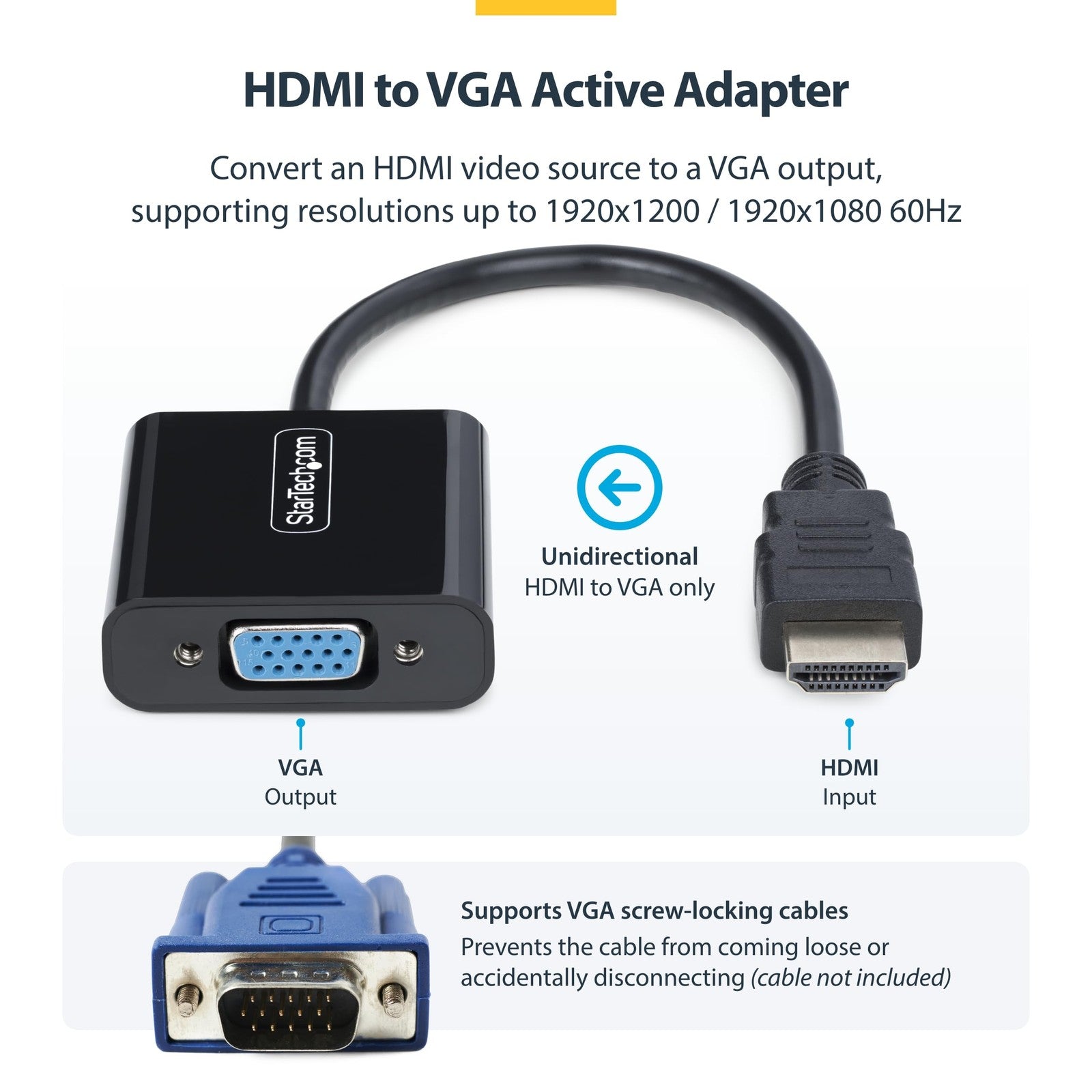 StarTech HDMI to VGA adapter connected to a laptop, showing active video conversion for connecting HDMI devices to VGA displays.