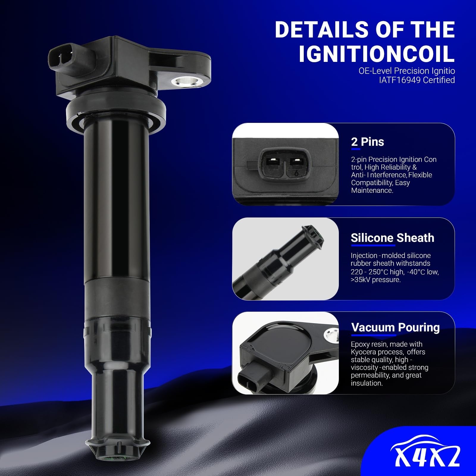 X4XZ UF499 ignition coil and 7090 double iridium spark plug for Hyundai Kia 1.6L engine, showing the ignition coil and spark plug components.
