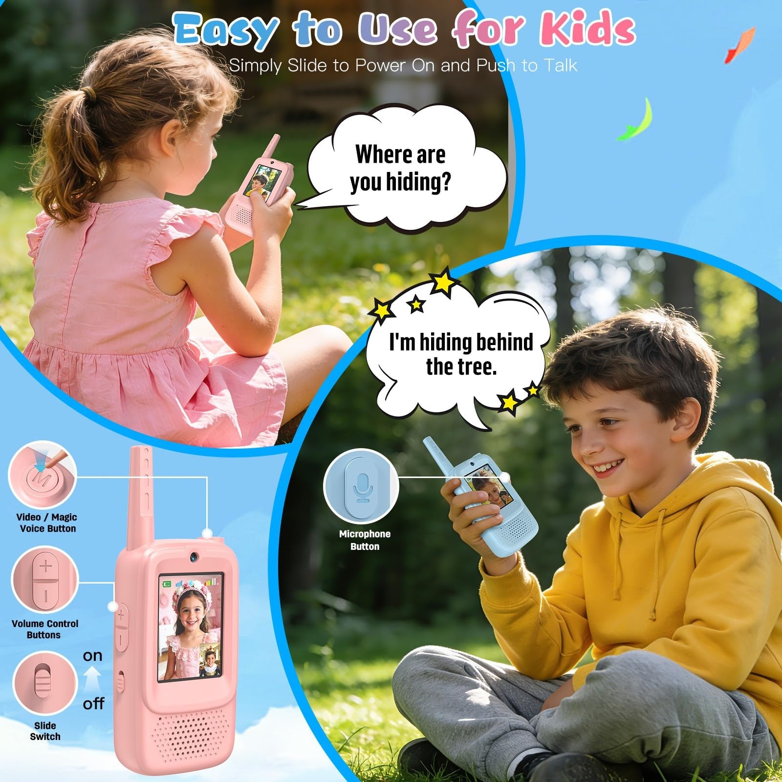 ZealSound video walkie talkies for kids aged 3-12, pair of colorful two-way communication devices for boys and girls.