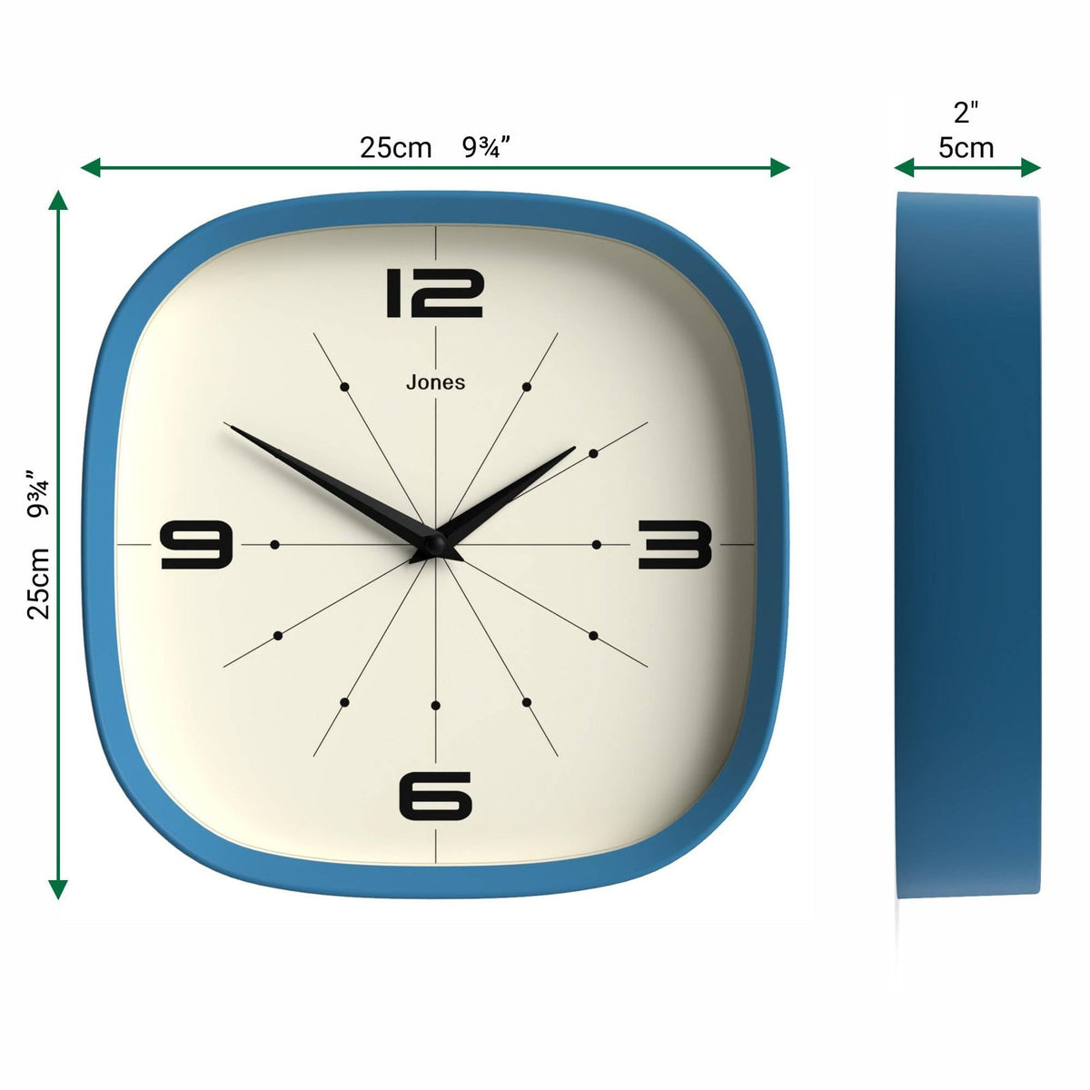 Jones Clocks Pulsar wall clock, 10-inch square blue retro clock with rounded edges and modern design.