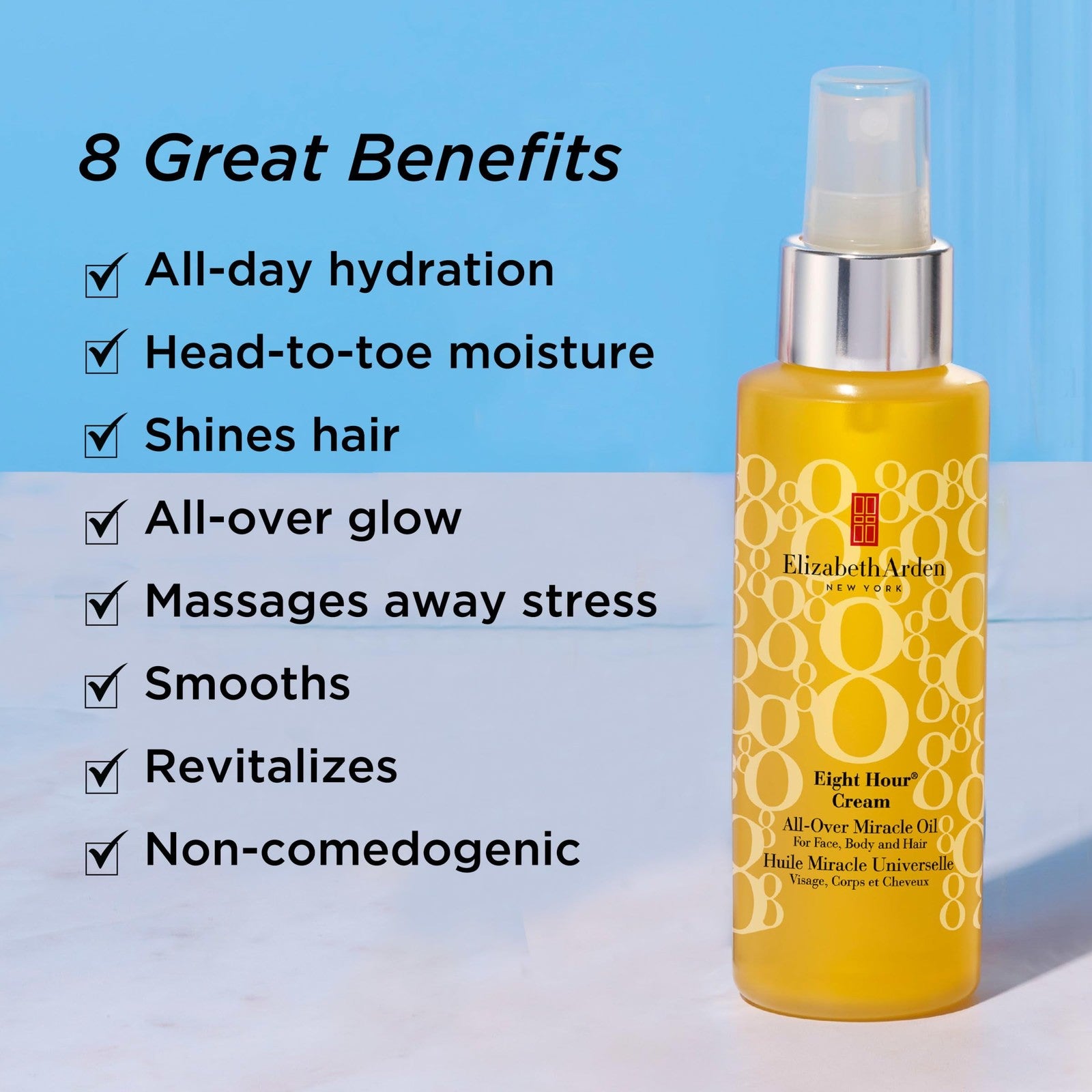 Elizabeth Arden Eight Hour All-Over Miracle Oil bottle showing face, body, and hair hydrating oil in a 3.4 oz container.