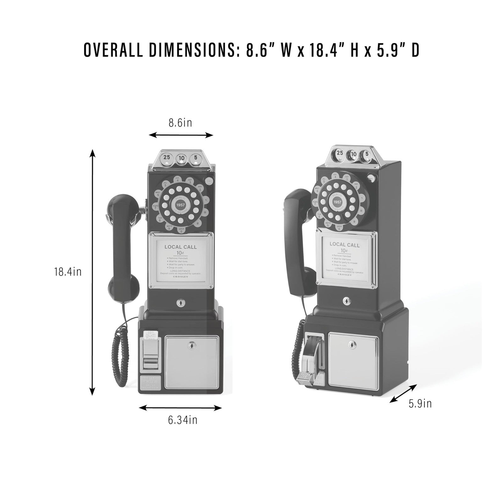 Red Crosley CR56-RE 1950s payphone with push button technology, vintage-style telephone with classic design details.