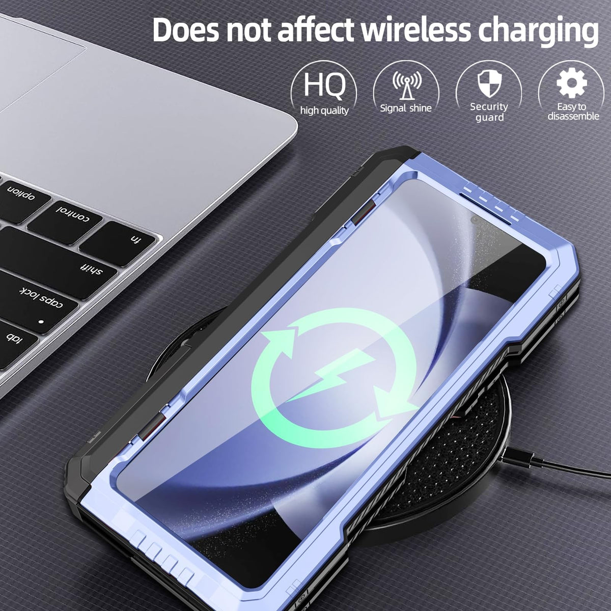 Slim metal Z Fold 5 case with integrated S Pen holder and screen protector for Galaxy Z Fold 5, unbranded.