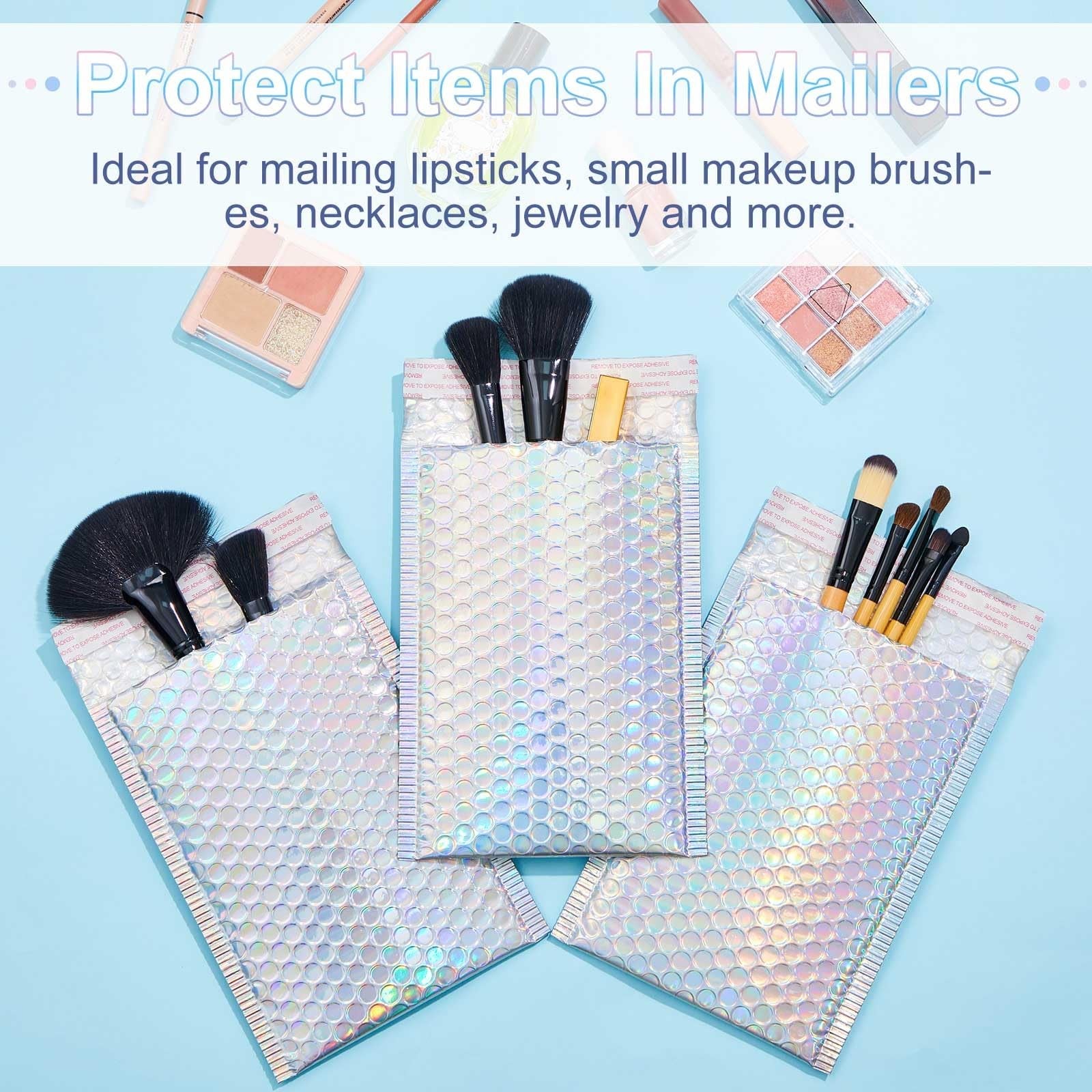 Henoyso holographic metallic bubble mailers, 8x11.5 inch, 60-pack, with protective bubble lining for secure shipping.