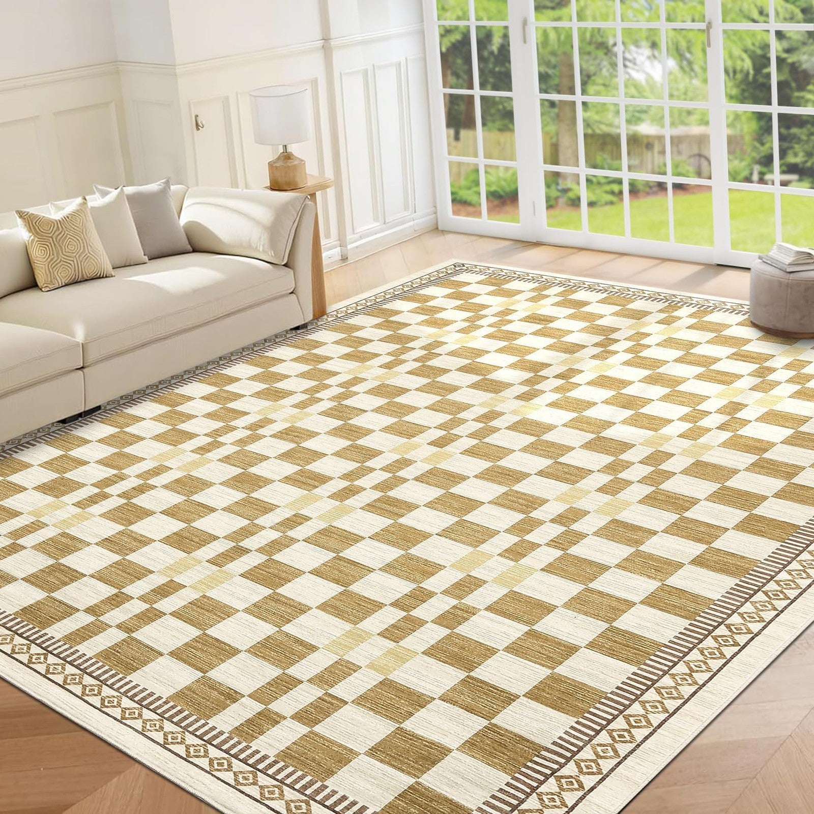 Garvee washable checkered 8x10 area rug in neutral tones, ideal for living room decor, large and soft underfoot.