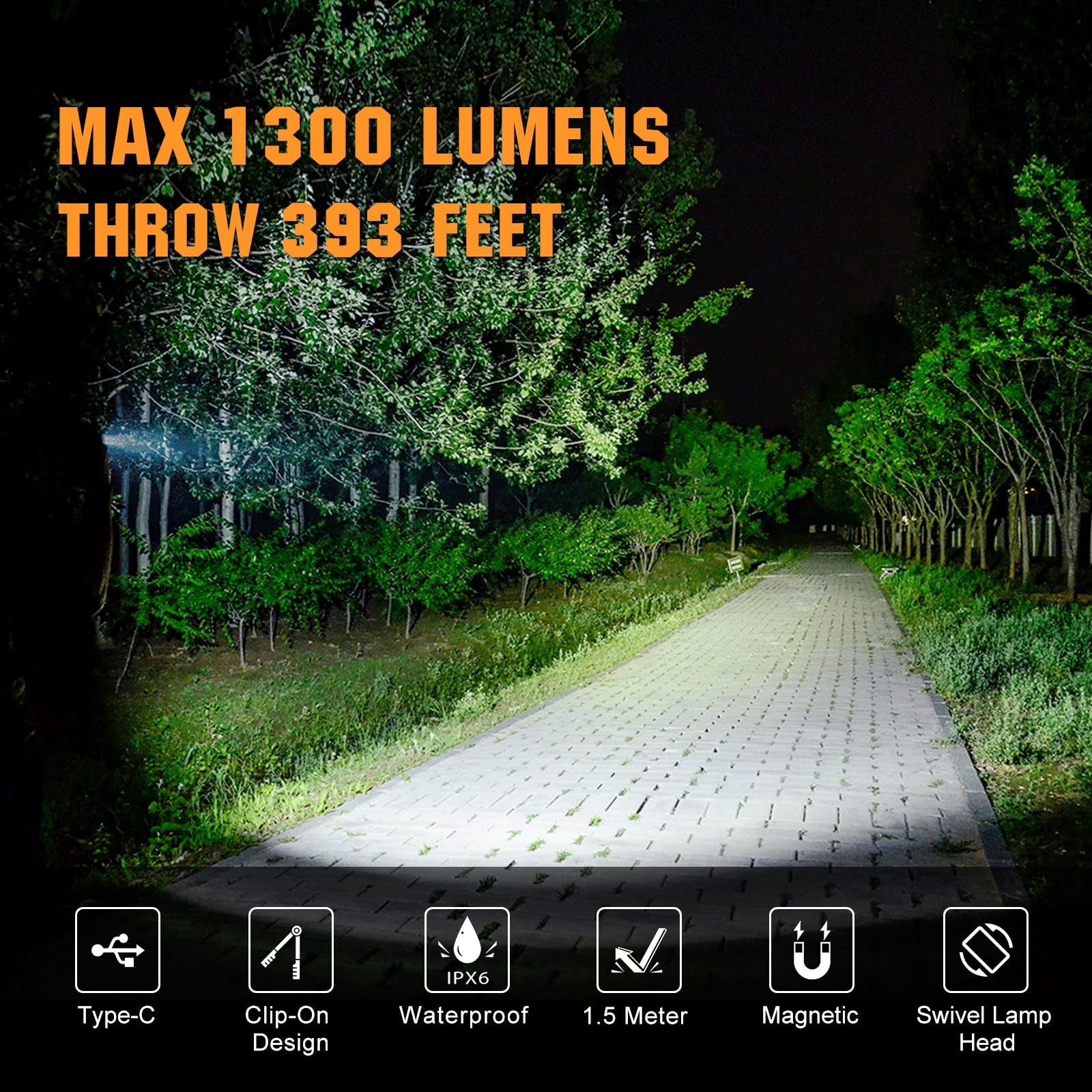 VTIGER C1 rechargeable EDC flashlight with clip, 1300 lumens, portable compact design, ideal for outdoor and everyday use.