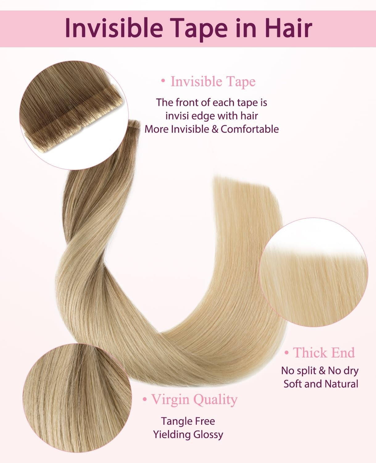 Pinkpearl invisible tape-in hair extensions, 20pcs human hair, 22 inches long, lightweight, in natural pink shade.
