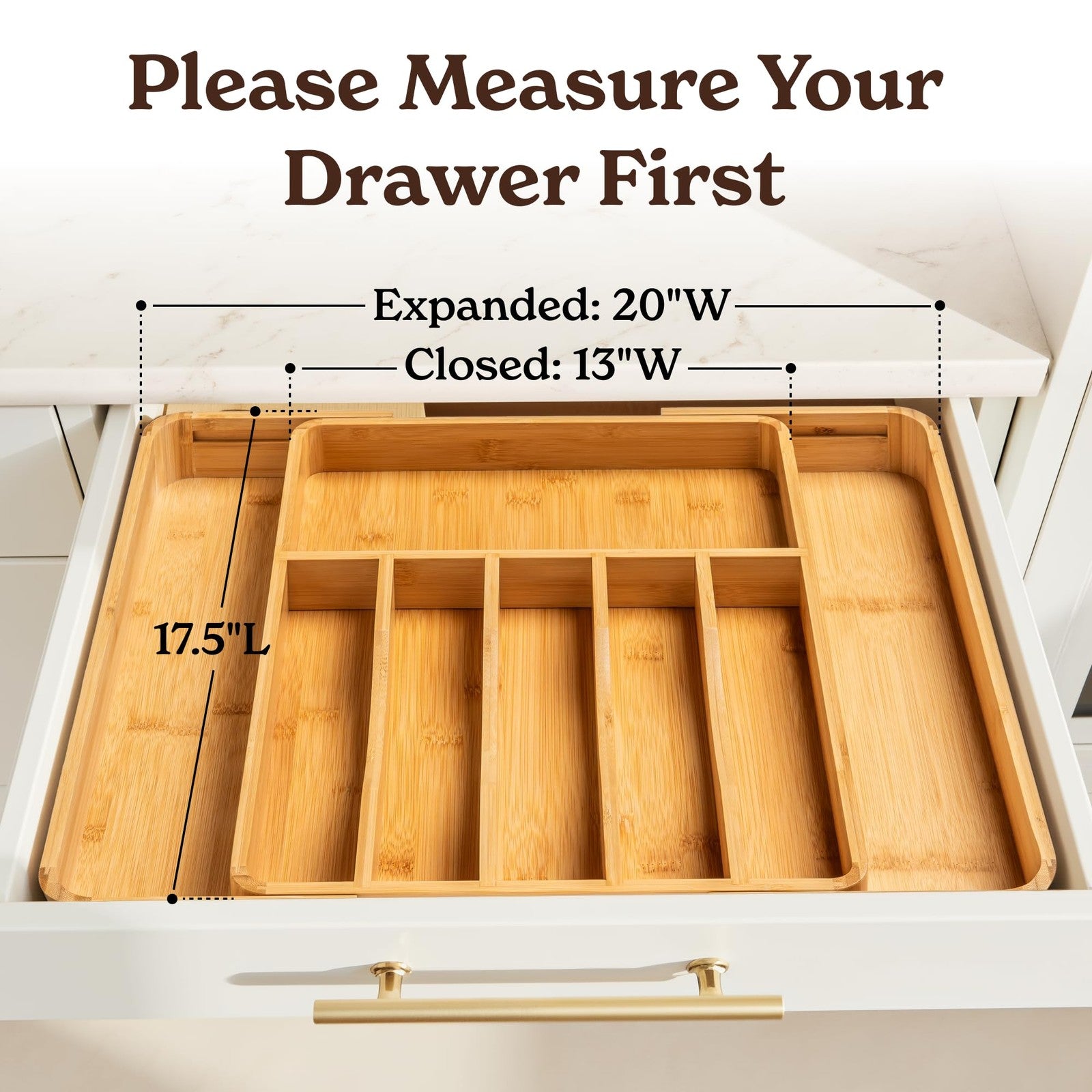 Bamboo kitchen drawer organizer with adjustable compartments for silverware and utensils, unbranded, in a modern kitchen drawer.