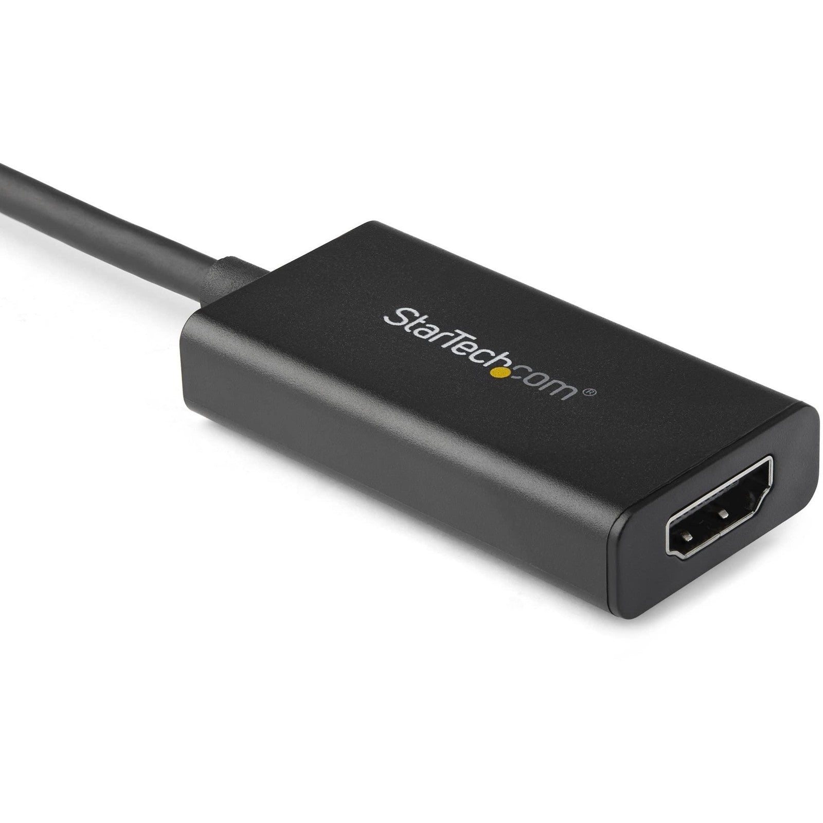 StarTech DisplayPort to HDMI adapter showing a compact black device with port connectors, supporting 4K 60Hz HDR10 output.