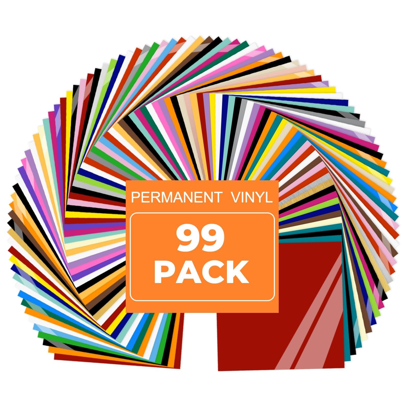 Prime Vinyl 99-pack of 12x12 inch permanent craft vinyl sheets in gloss, matte, and metallic finishes for cutting projects.