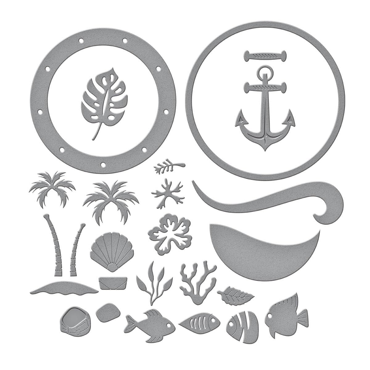 Spellbinders Coastal Escape View etched dies from The Windows with a View set, featuring detailed coastal scene designs on metal dies.