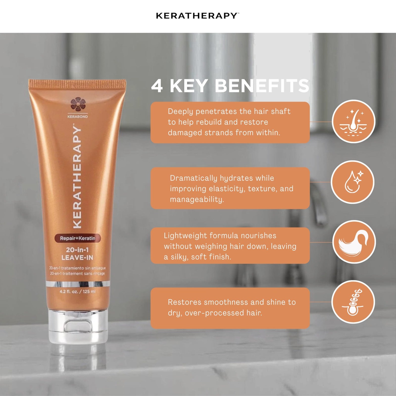 Keratherapy KeratinFIXX 20-in-1 leave-in spray bottle with pump, 4.2 fl oz, for smoothing and strengthening hair.