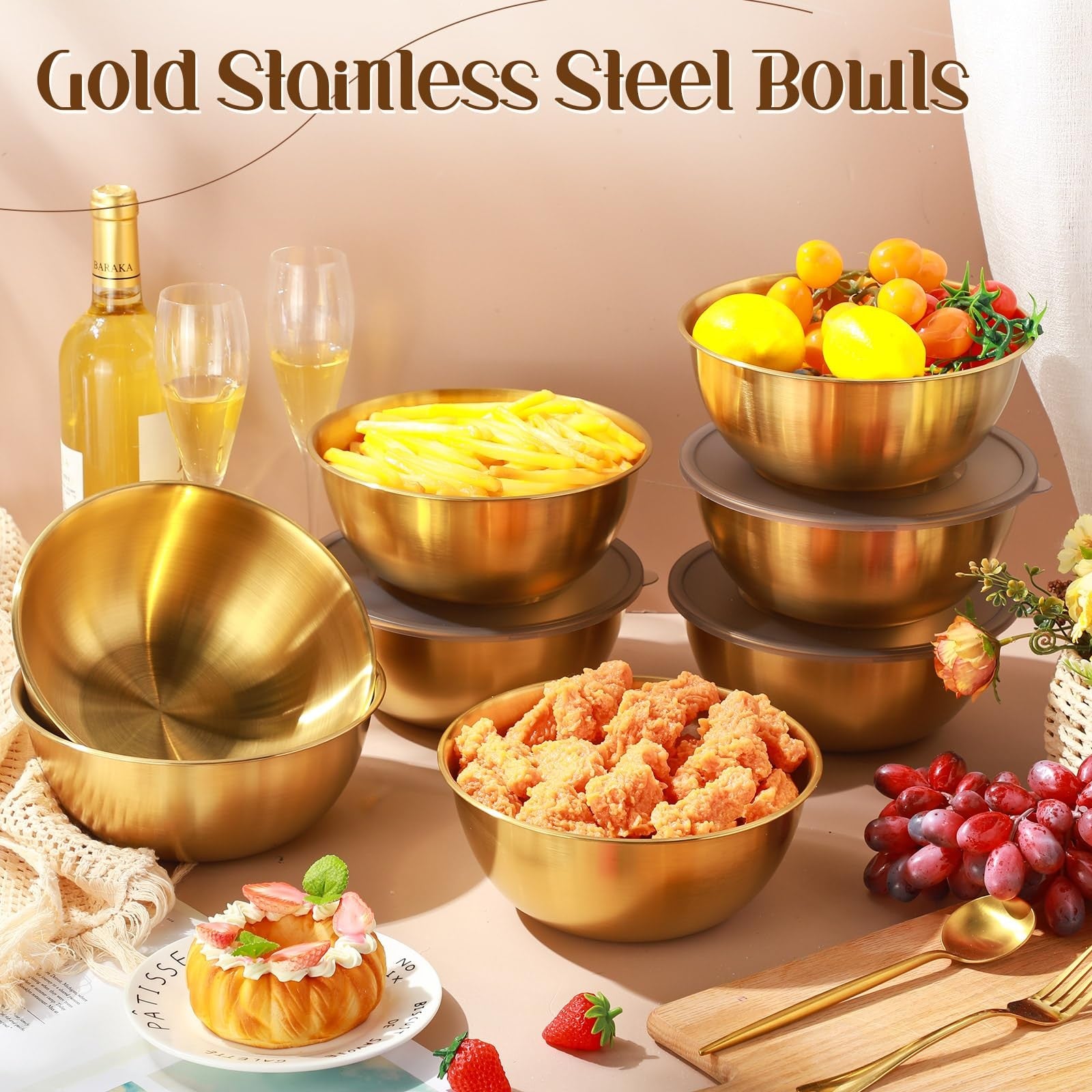 Nuogo 12-pack gold mixing bowls with airtight lids, 8.27 inches, featuring elegant gold finish and versatile serving and prep use.