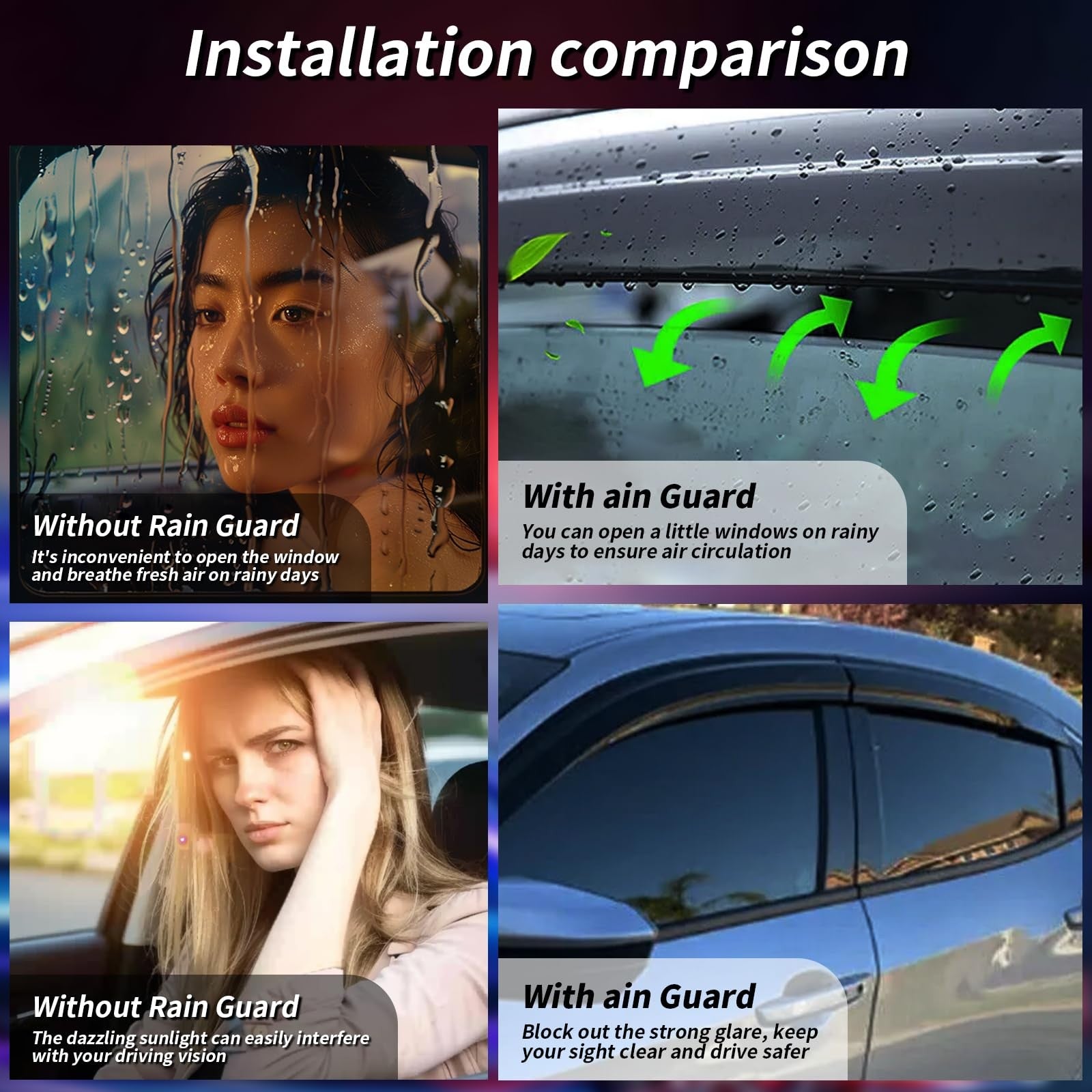Quxunzzz Honda Civic side window rain guards, 4-piece exterior vent visors mounted on vehicle windows