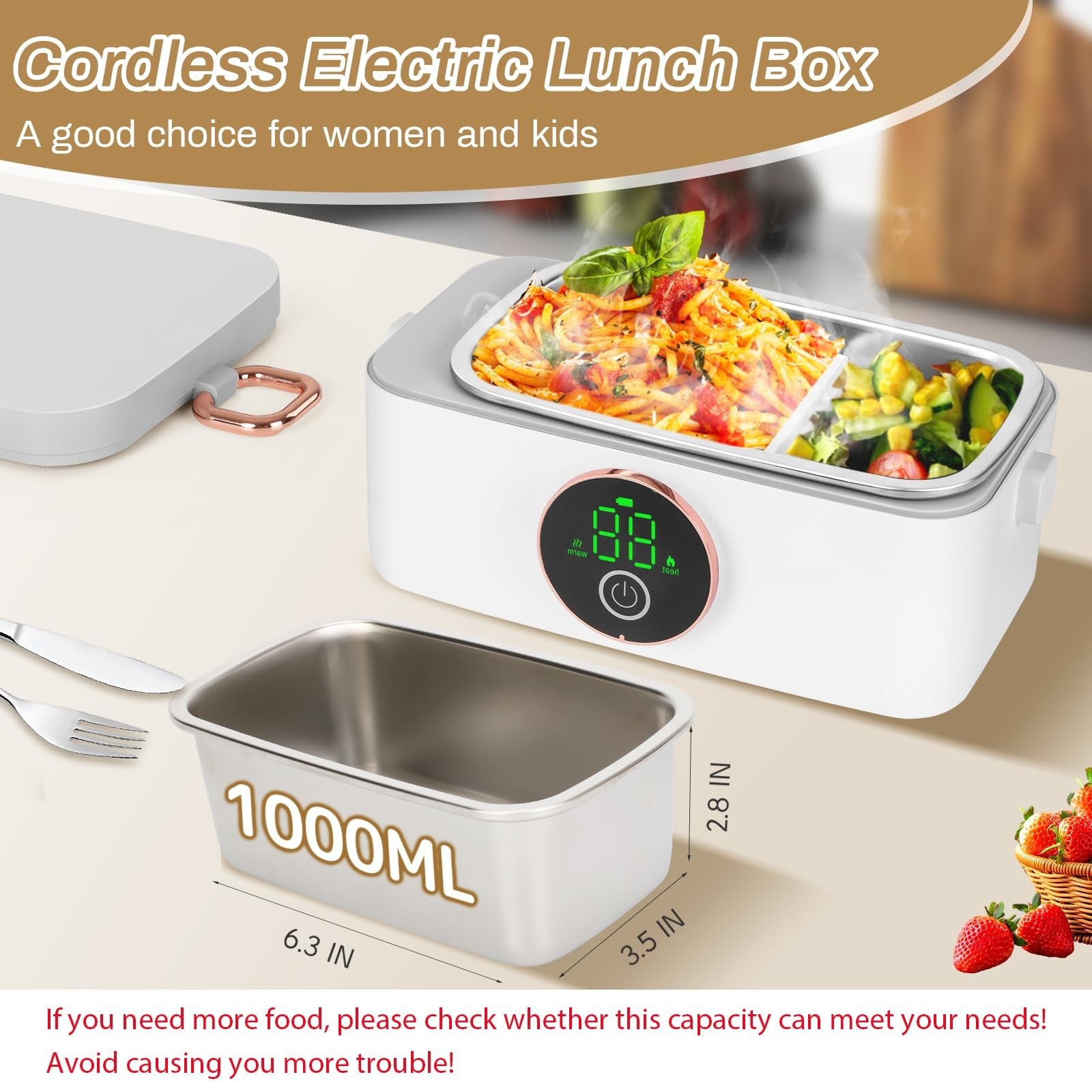 Iridesc self-heating lunch box with 1L capacity, battery-powered and automatic heat function, for convenient hot meals.