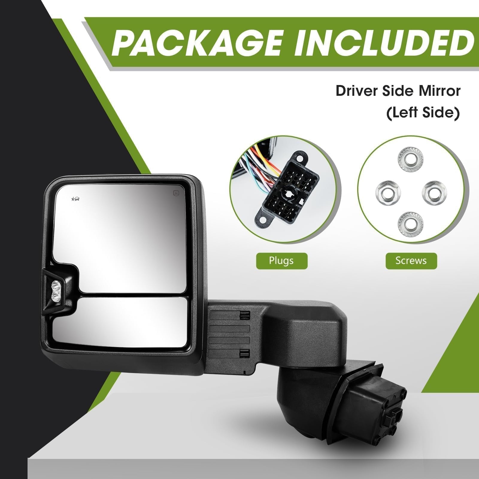 Siziom textured driver side tow mirror for Chevy Silverado and GMC Sierra 2500/3500HD trucks, showing the mirror and mounting details.
