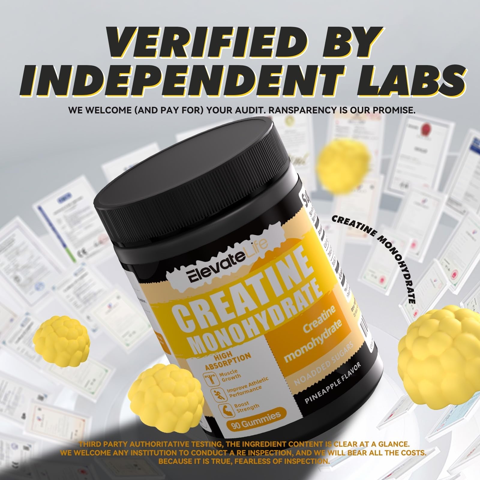 ElevateLife Creatine Monohydrate Gummies 5000mg chewables for men and women, showing colorful fruit-flavored supplement gummies.