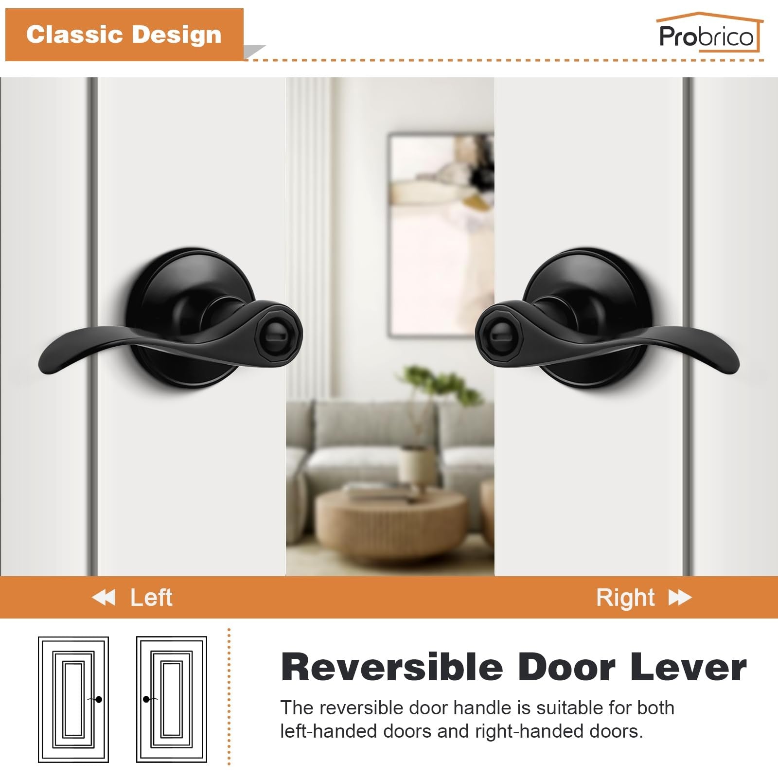 Probrico black privacy door handles set of four for bathroom doors, featuring sleek lever design and secure latch mechanism.