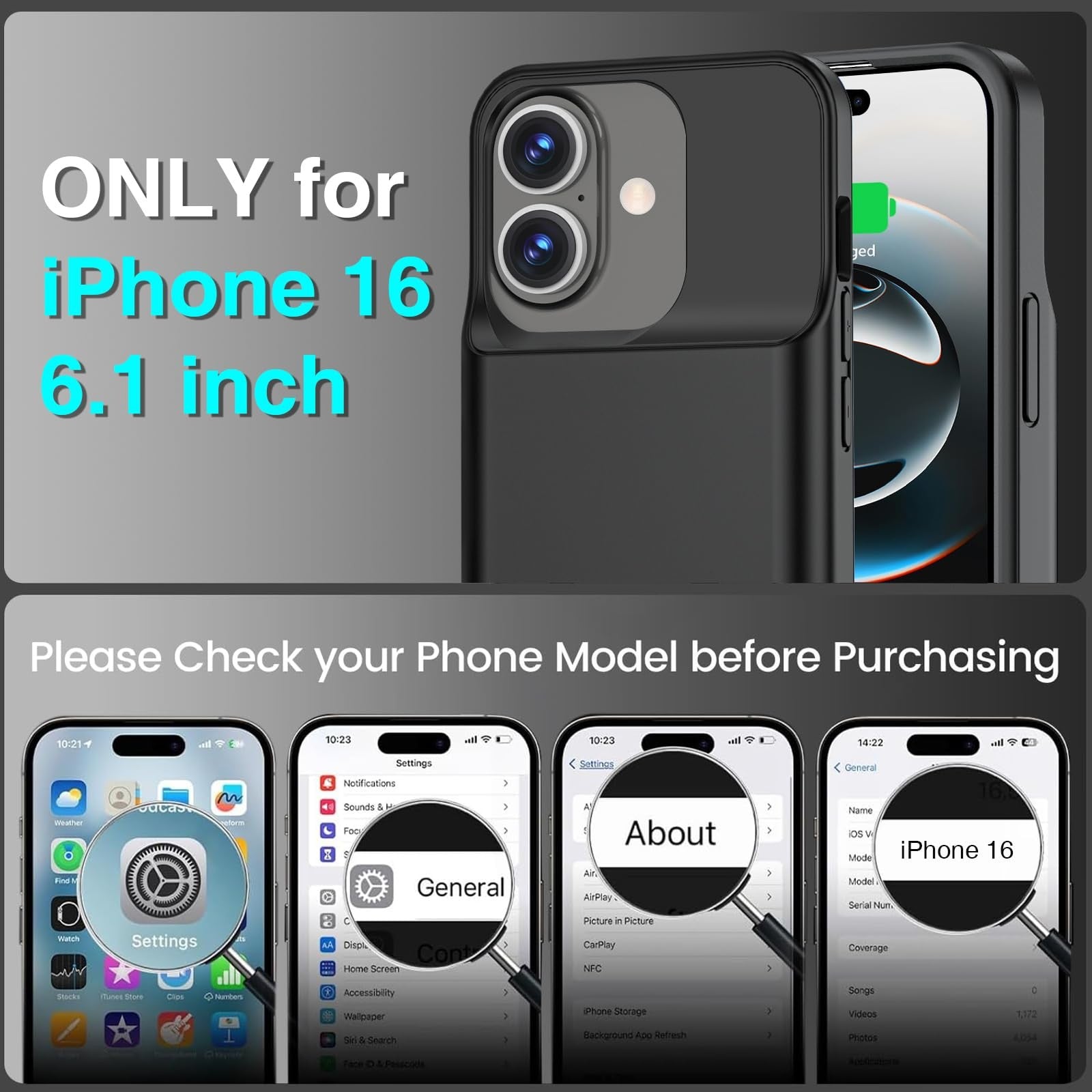BOPPS 8500mAh iPhone 16 battery case with invisible stand and charger, showing the case attached to an iPhone 16 model.