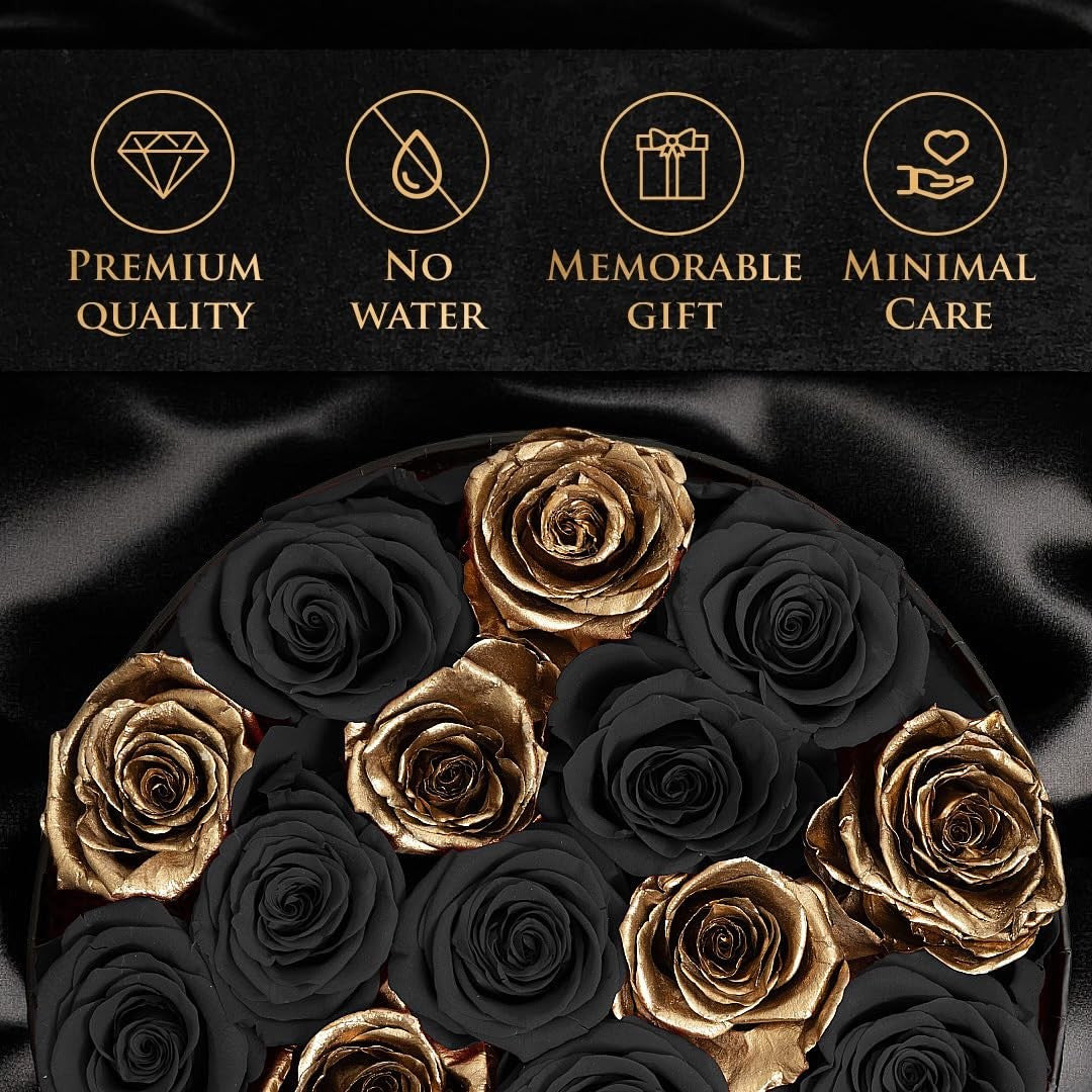 Black and gold forever roses in a velvet box from LUX BLOSSOM BOUTIQUE, perfect for luxury Valentine’s Day gift.