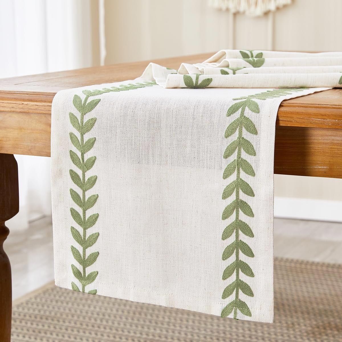 Aoztio rustic embroidered table runner with irregular willow leaf design, 13x108 inches, perfect for farmhouse or vintage decor.