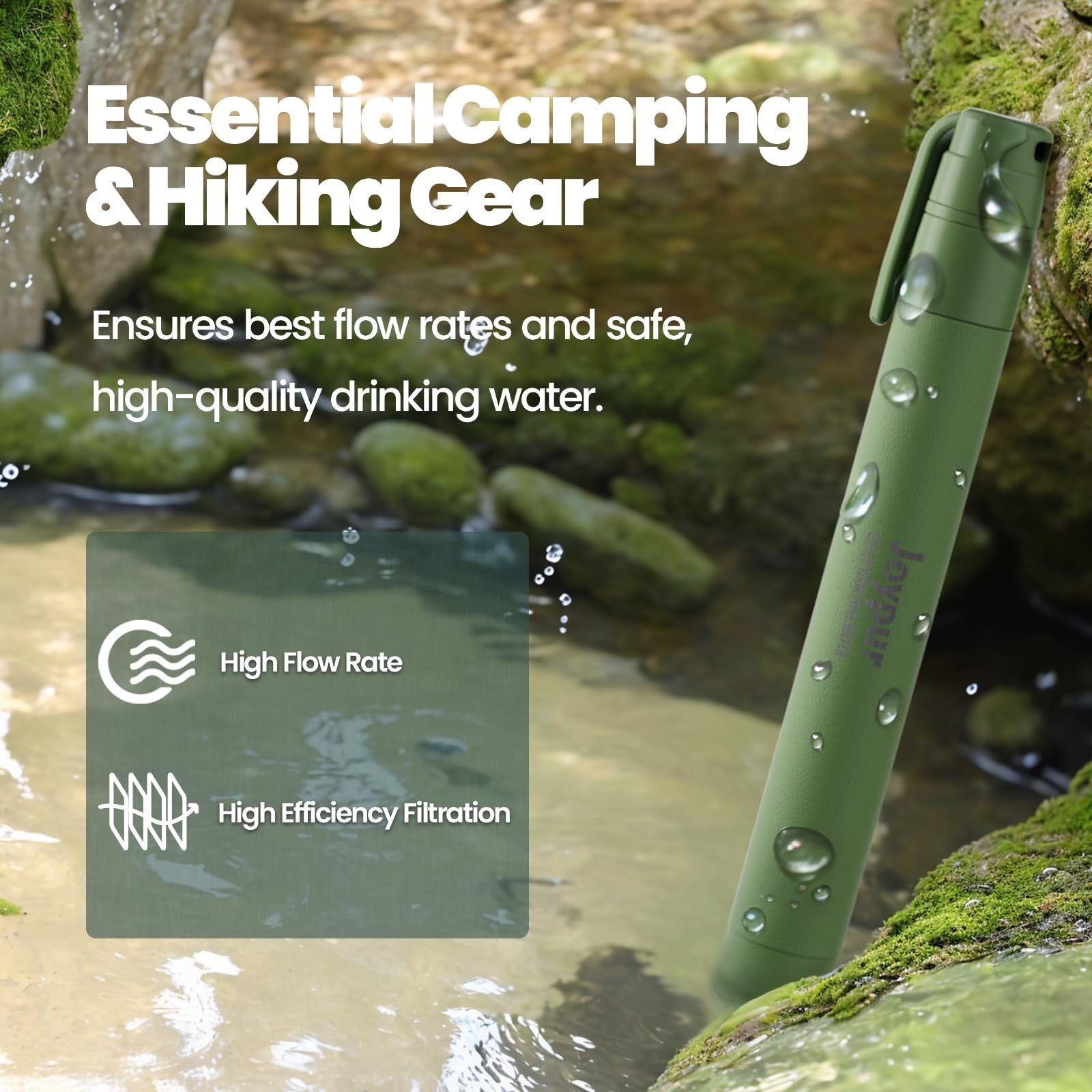 Joypur portable water filter straw for camping and hiking, compact survival gear with emergency water purification capabilities.