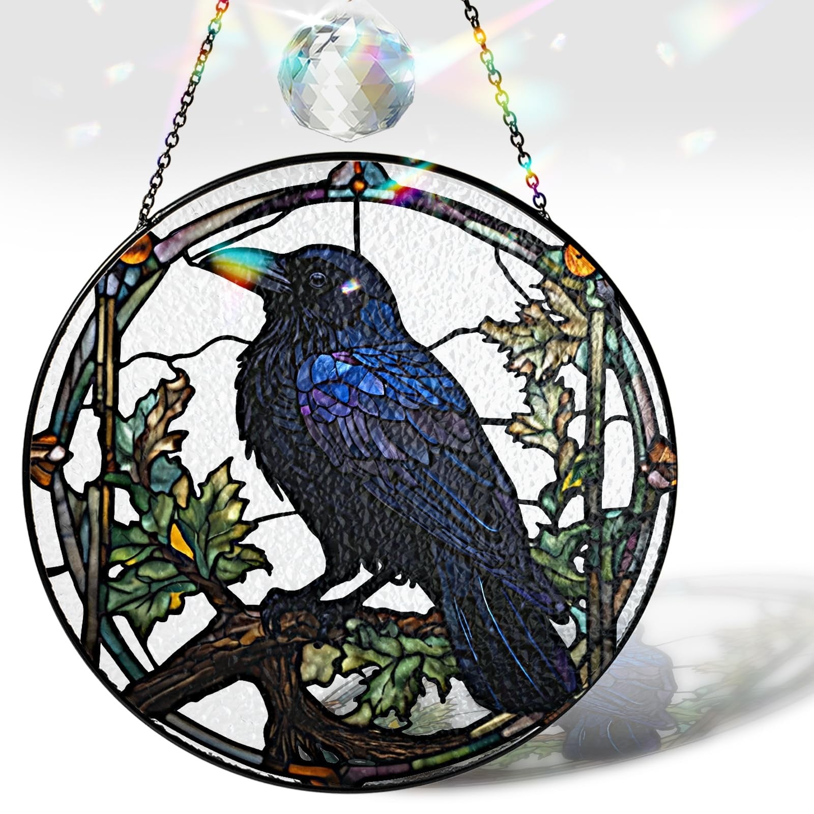 Vinatimes 7.8-inch crow stained glass suncatcher with art glass raven design for indoor gothic sun catcher display.