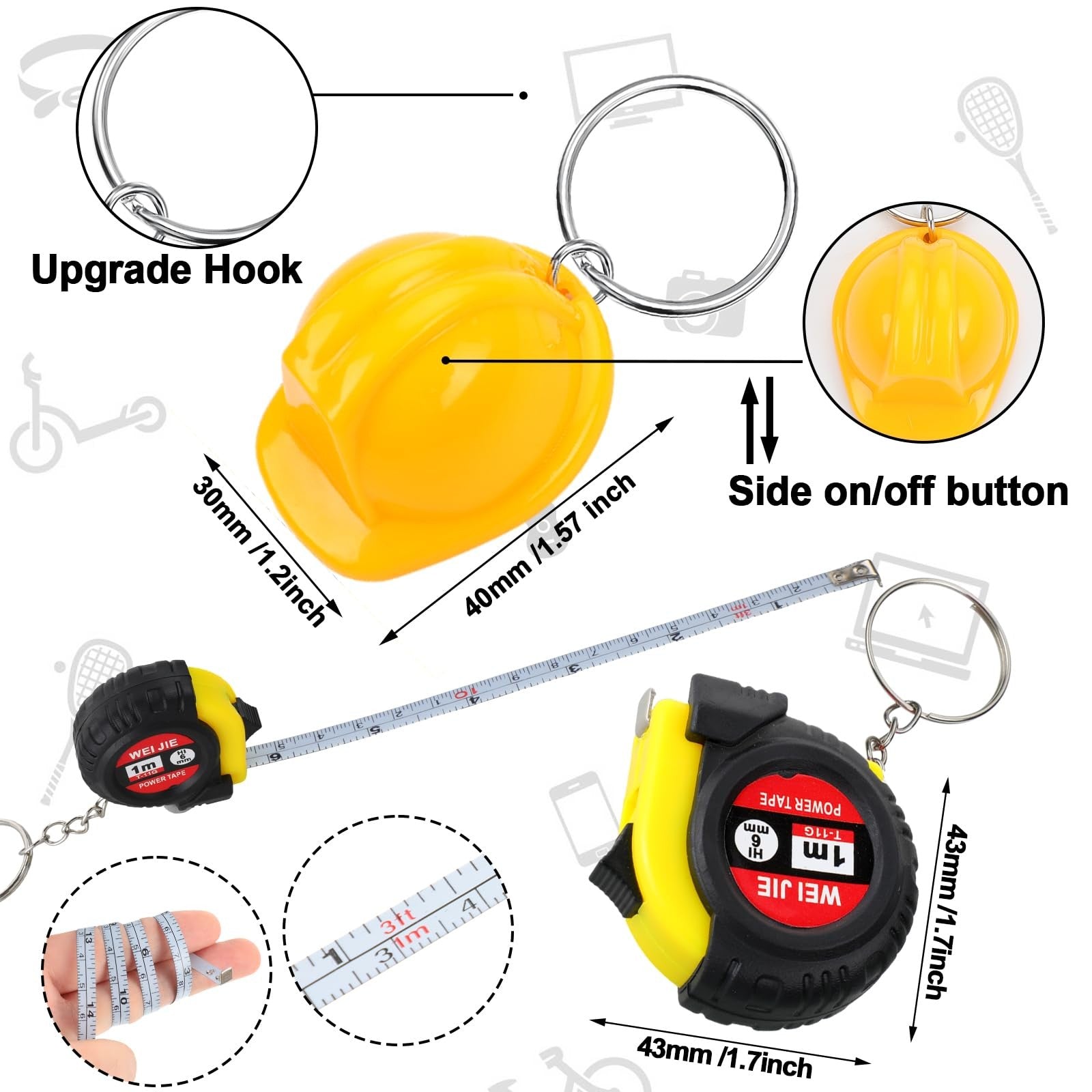 Set of Jutom 72-piece mini tape measure, screwdriver, and construction helmet keychains for DIY and tool enthusiasts.