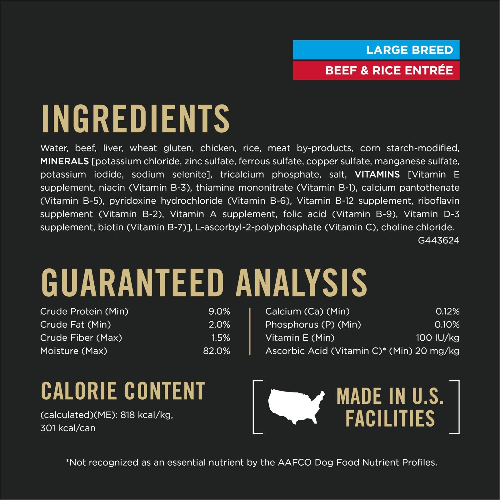 Canned Purina Pro Plan Gravy Wet Dog Food for large breed dogs with beef and rice, showing the open can with food inside.