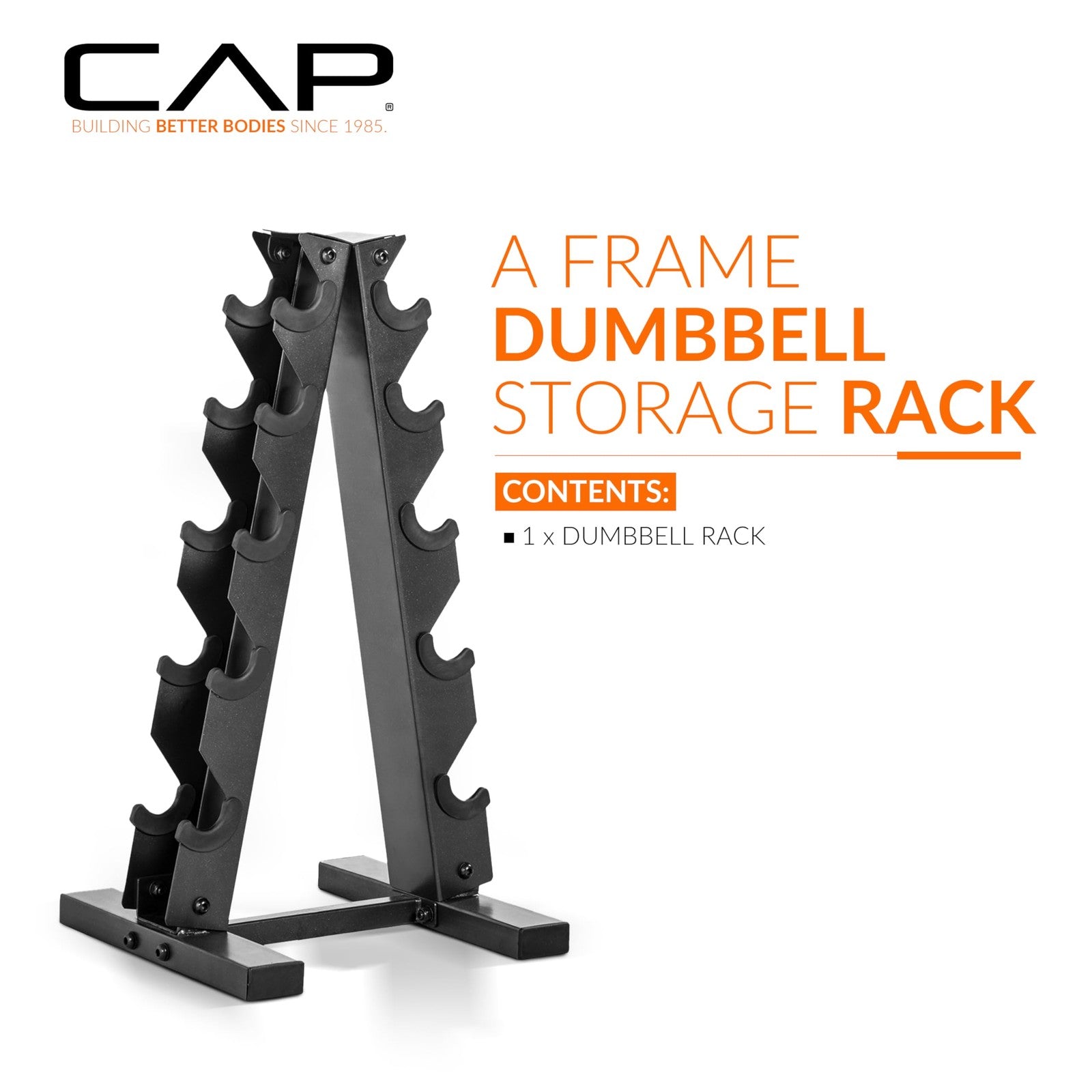 Orange CAP Barbell A-Frame Dumbbell Weight Rack with multiple slots for organizing various dumbbell sizes.