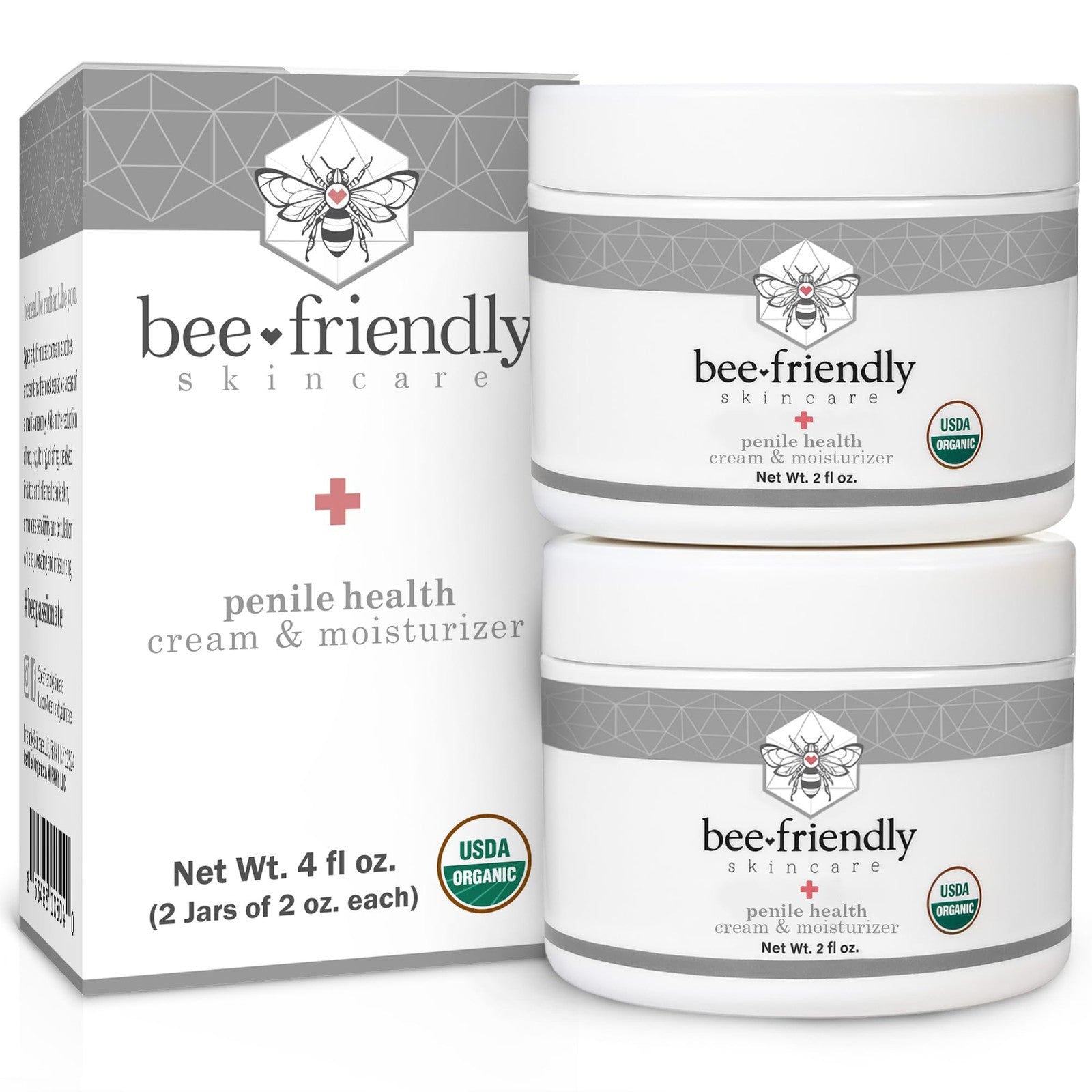 BeeFriendly Organic Penile Health Creme in 4oz container, USDA Certified natural moisturizer with herbal ingredients.