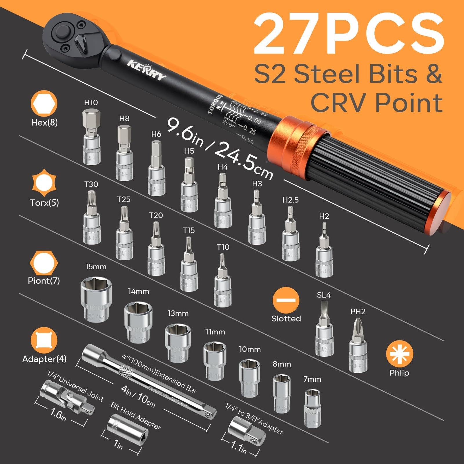 Kerry 1/4 inch drive bike torque wrench set with 27 pieces, includes various torque adapters and a storage case.