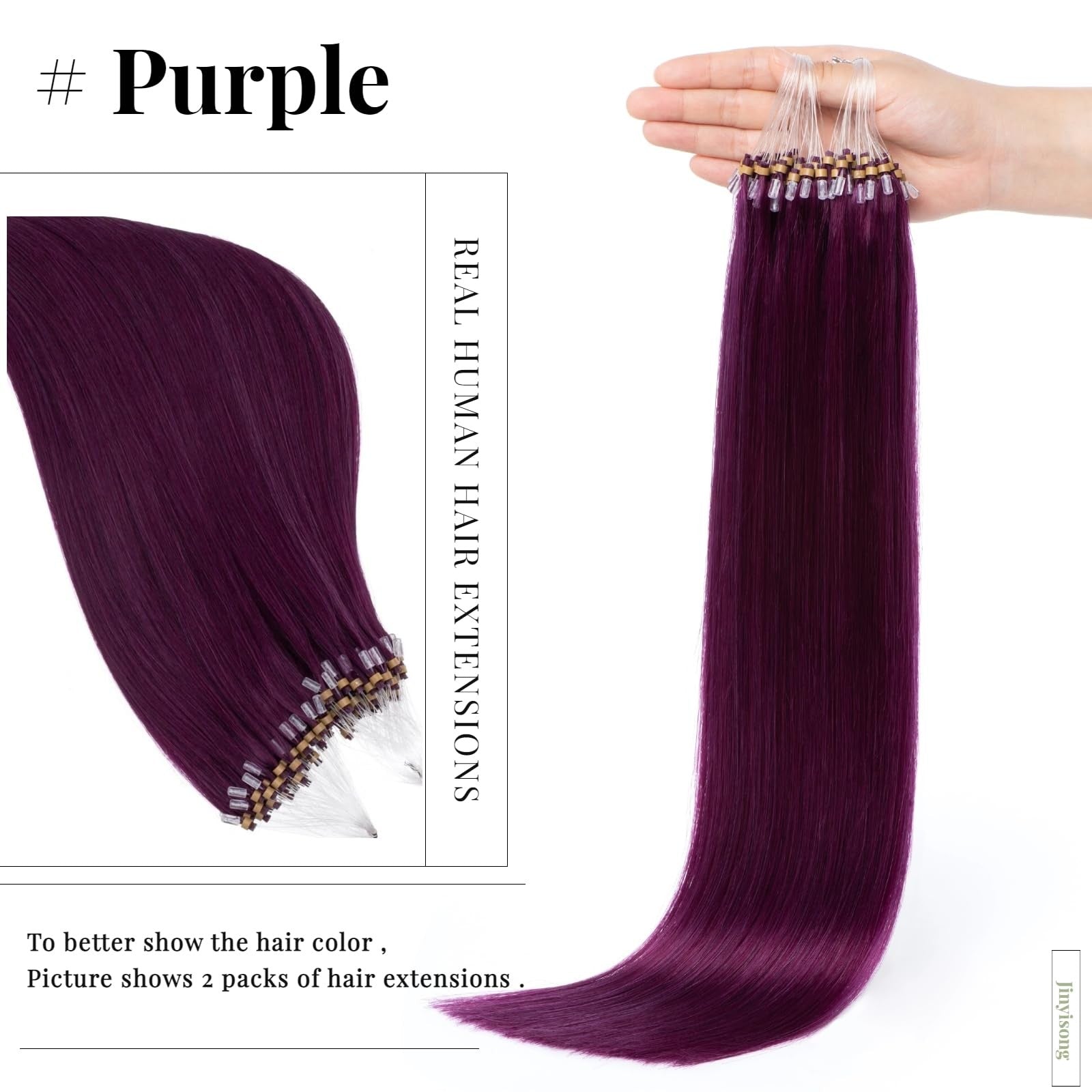 Jinyisong human hair micro hair extensions in purple with highlight, showcasing microlink application and vibrant color.