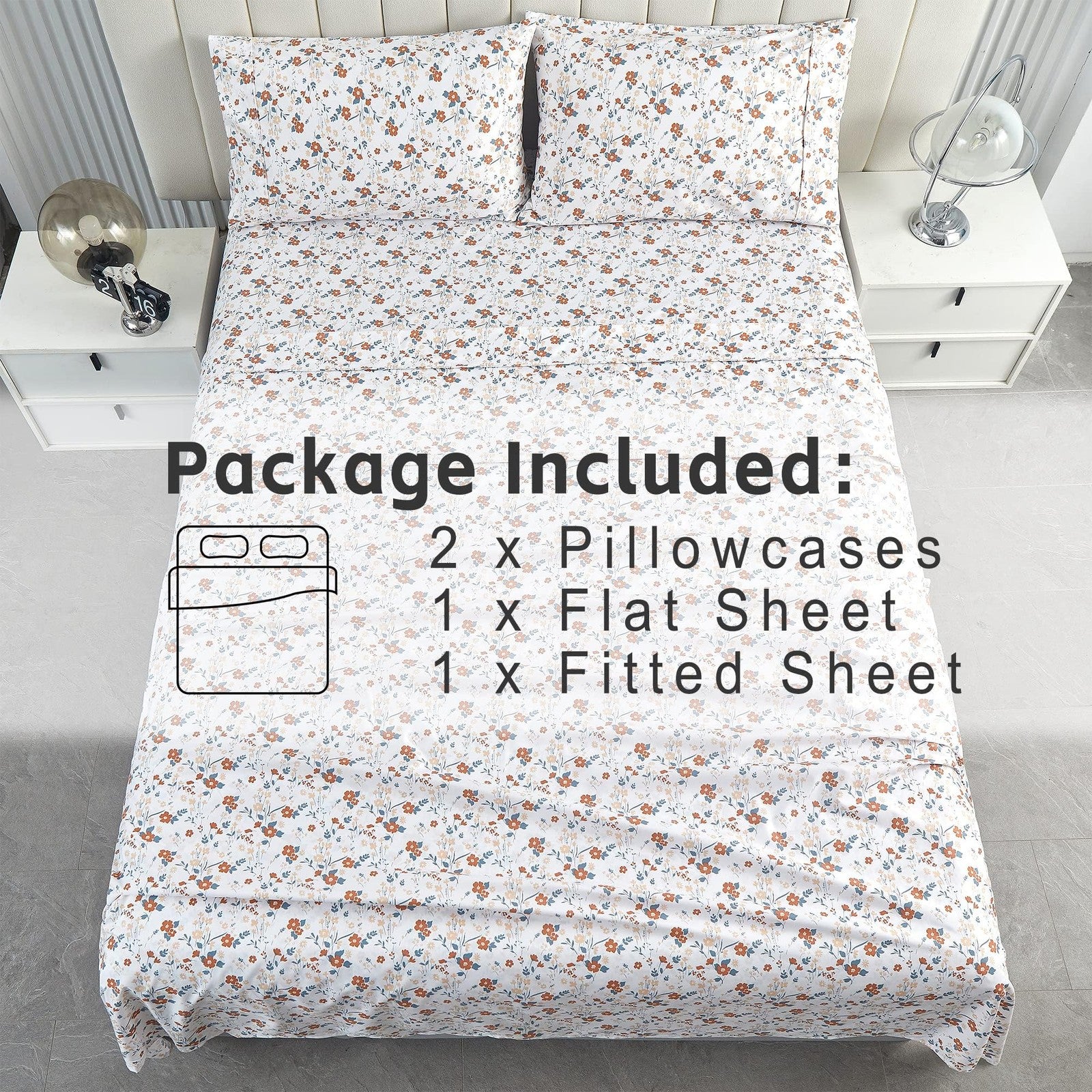 Softan orange floral bed sheets for king size bed, printed floral design on soft, comfortable bedding fabric.