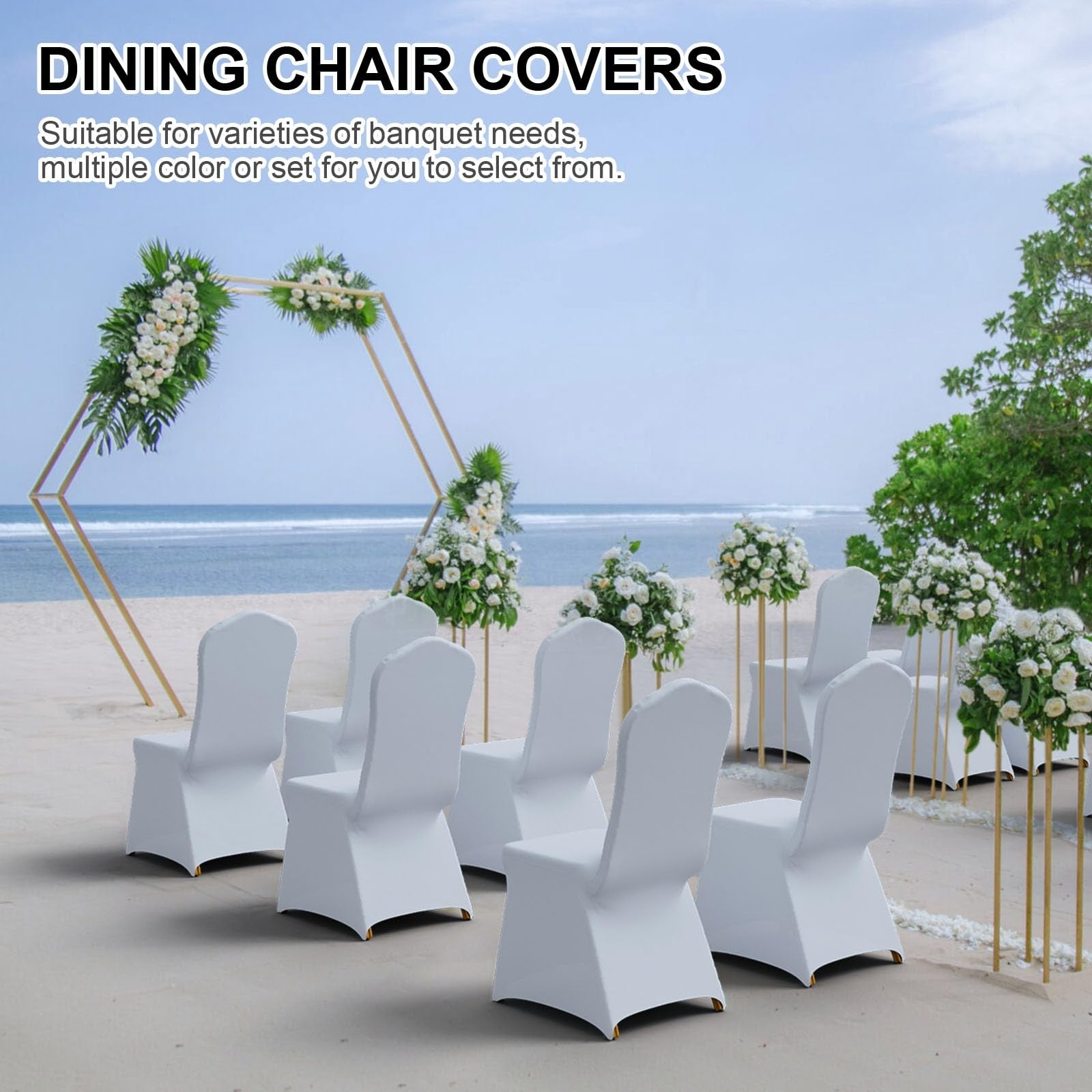 Trlyc 12-piece spandex chair covers for dining chairs, stretch polyester fabric, fitted for elegant and protective seating.