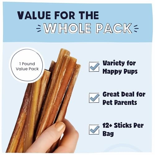 Pawstruck 5-8 inch natural bully sticks for dogs, digestible chews, shown in a 1 lb bag on a white background.
