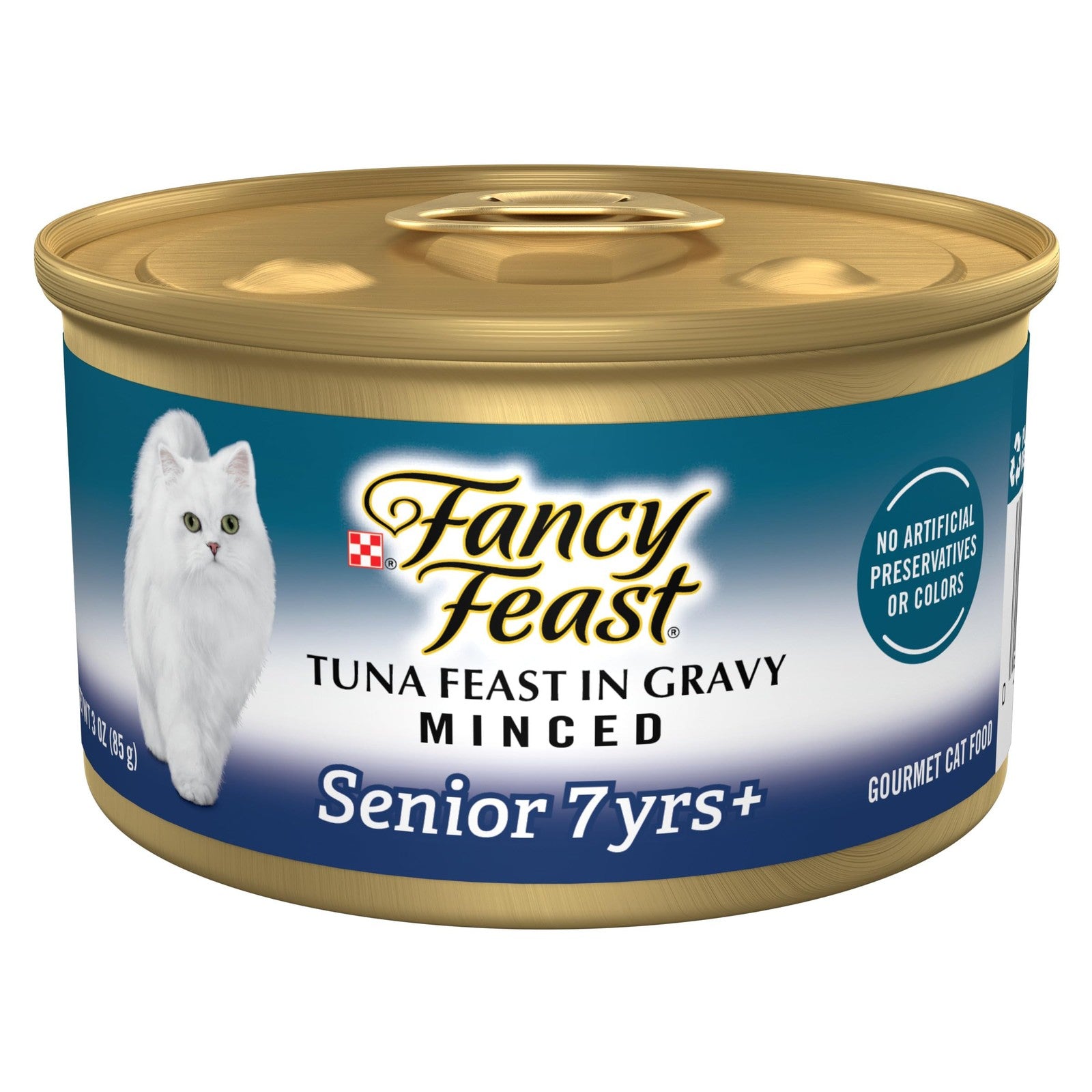 Cans of Fancy Feast Senior Wet Cat Food 7+ Tuna Feast Minced in Gravy, 24-pack, showing the cat food cans with labels.
