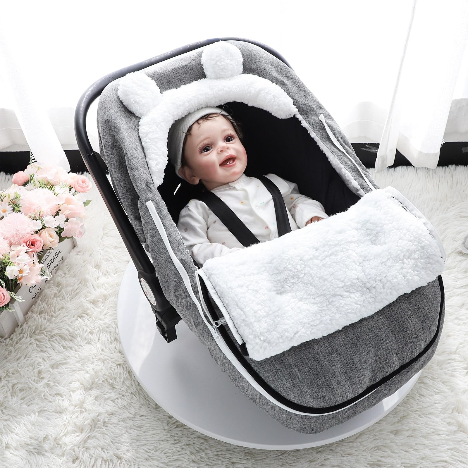 CARUILI winter carseat cover for baby girl and boy, plush fleece, super warm, windproof, designed for winter protection in car seats.