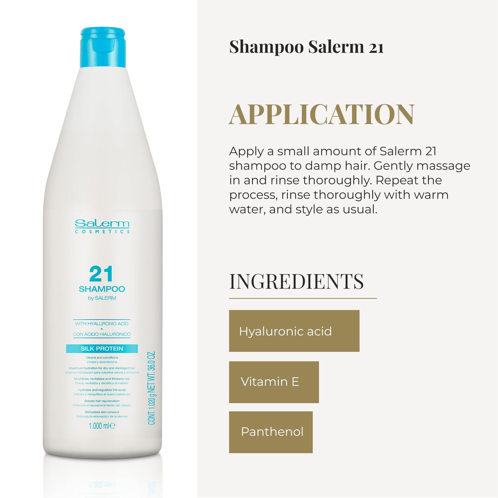 Salerm Hydrating Shampoo 21 with silk protein in a 1000 ml bottle, designed for dry and damaged hair.