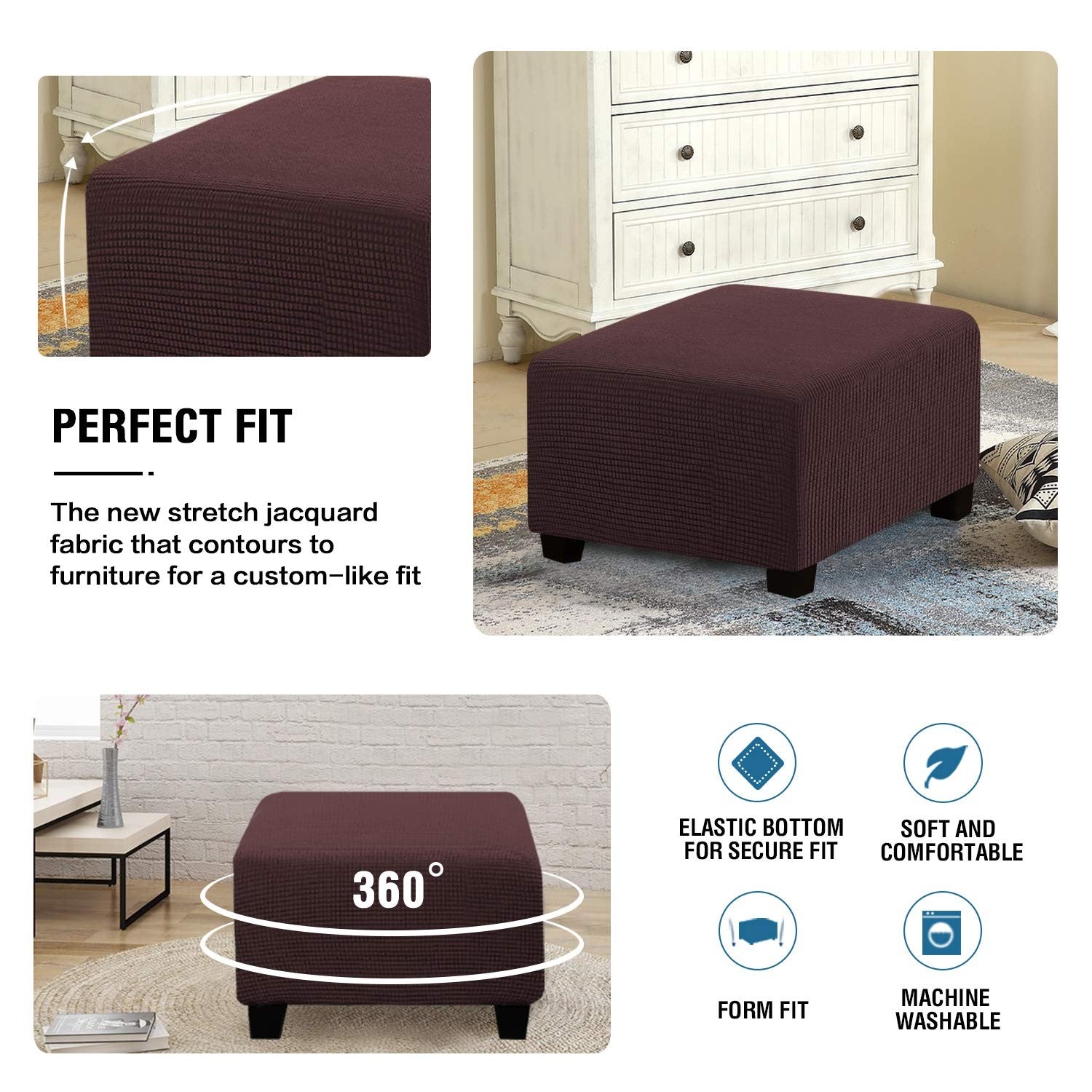 H.Versailtex square ottoman with slipcover and folding storage, soft fabric in a cozy home setting.