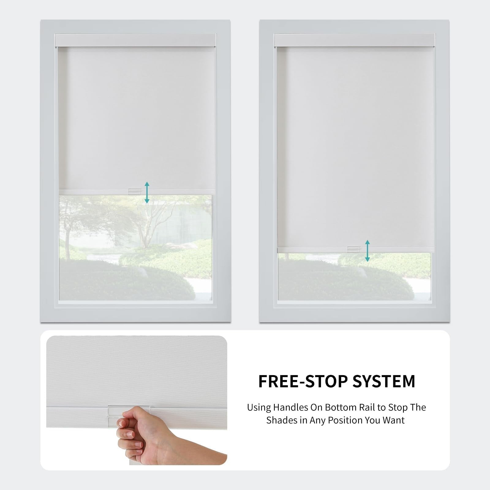 Joydeco 100% blackout roller shades for windows, cordless and free-stop design, featuring sleek black fabric for light control