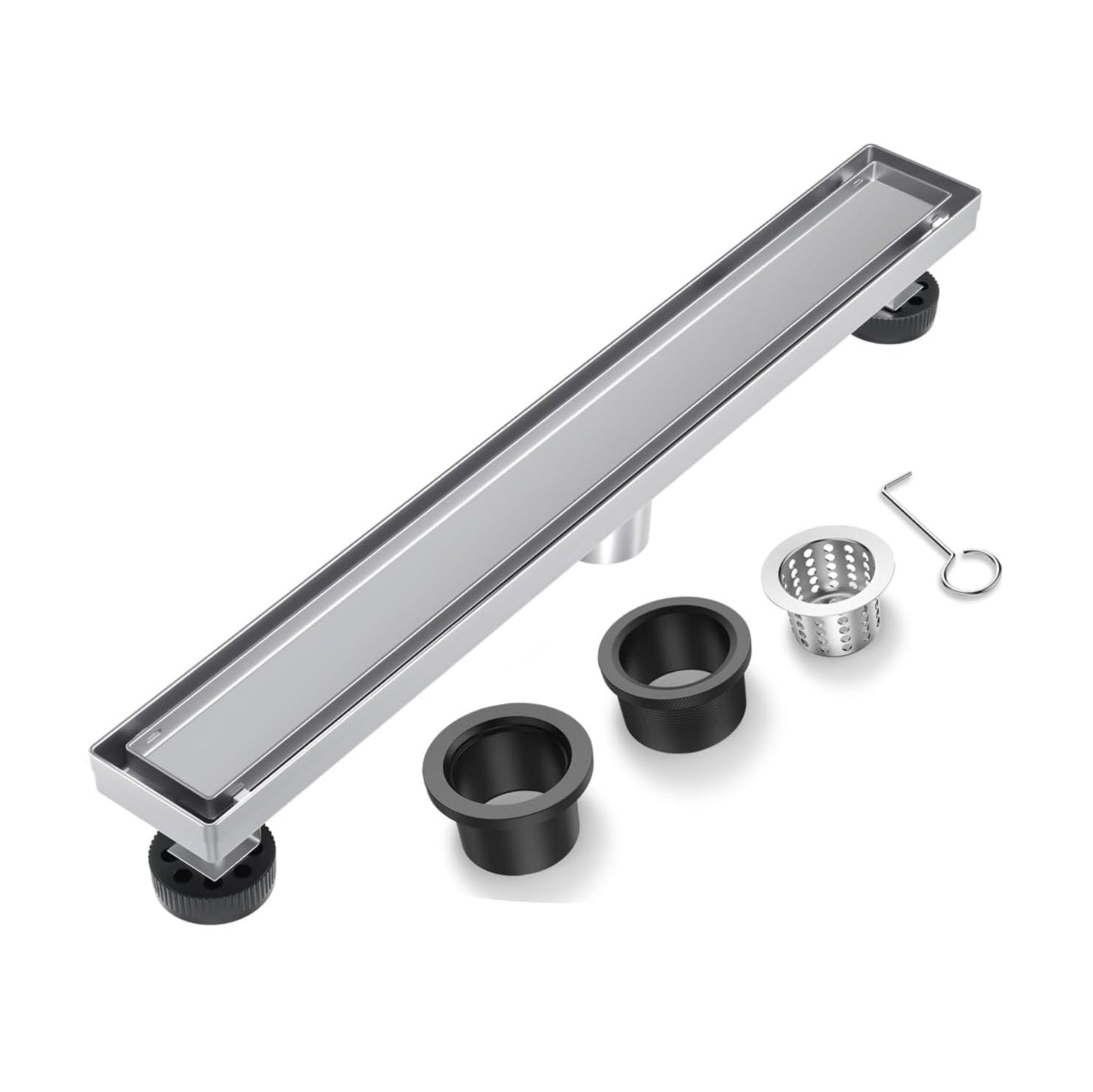 Brushed nickel 24-inch linear shower drain tile insert grate with rectangular design by Bmvlffs, suitable for modern bathroom showers.