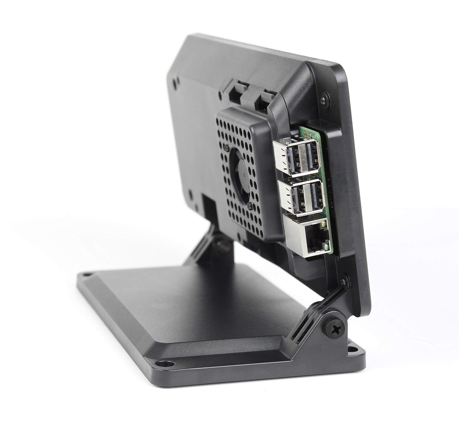 SmartiPi Touch 2 Raspberry Pi 7-inch display case with cooling fan installed, compatible with RPi 3, 4, and 5, showing the case and fan.