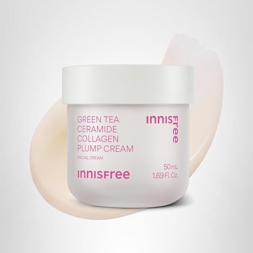 innisfree Green Tea Ceramide Collagen Plump Cream jar with green tea extract and moisturizing cream texture for Korean face skincare